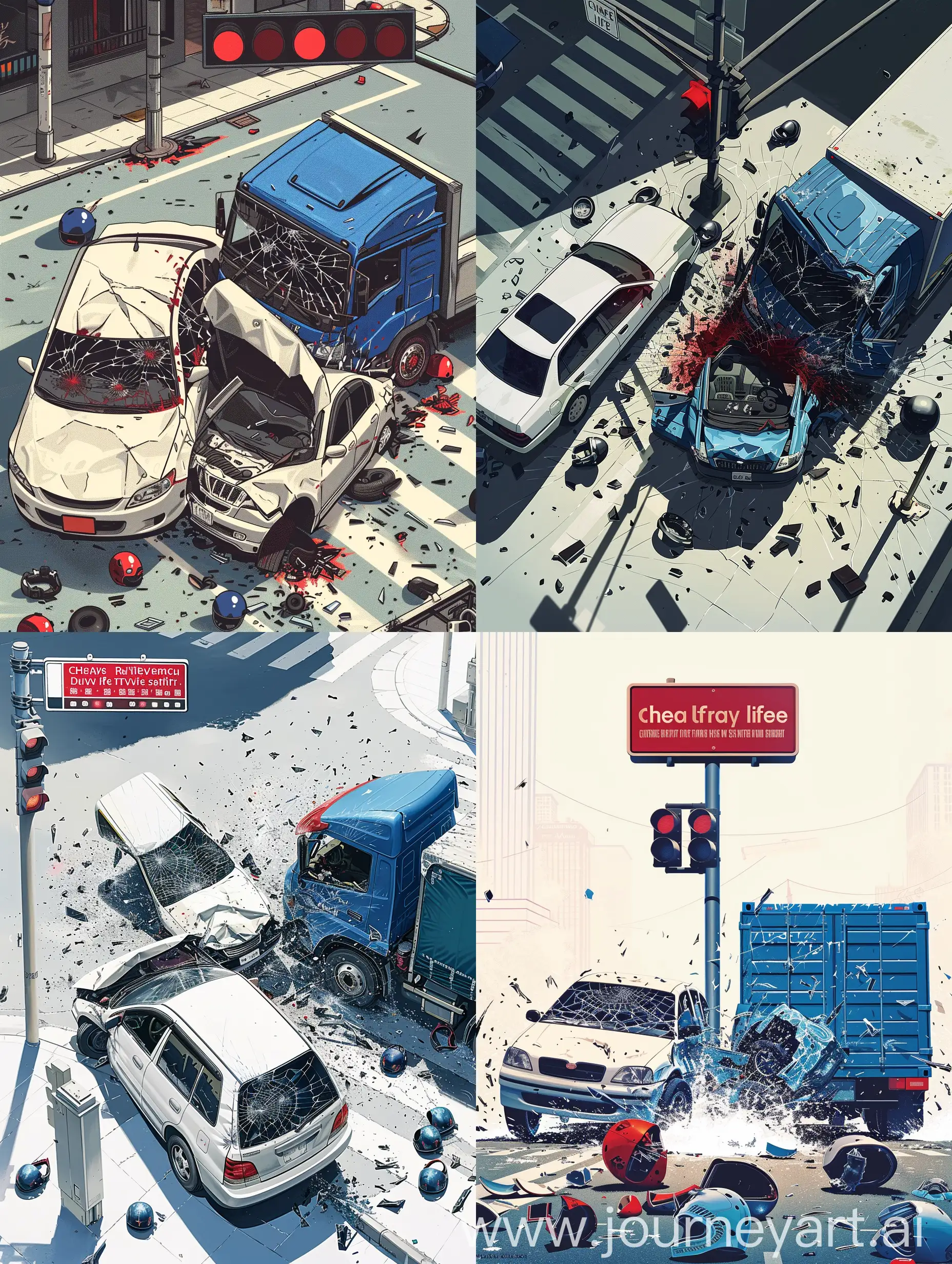画面中央是一辆白色轿车与一辆蓝色货车在十字路口相撞的瞬间，强烈的冲击力使得车辆变形，碎片飞溅，营造出紧张而又震撼的氛围。周围环境以冷色调渲染，强化事故现场的冰冷与严峻。背景中，交通信号灯恰巧呈现红色，象征着悲剧源于未能遵守交通规则。画面一角，有残破的安全帽散落，暗示事故可能导致的严重后果。画面上方，配有一句醒目的标语：“珍爱生命，安全驾驶”。整幅画面以此生动直观的方式警醒每一位驾驶员重视交通安全。