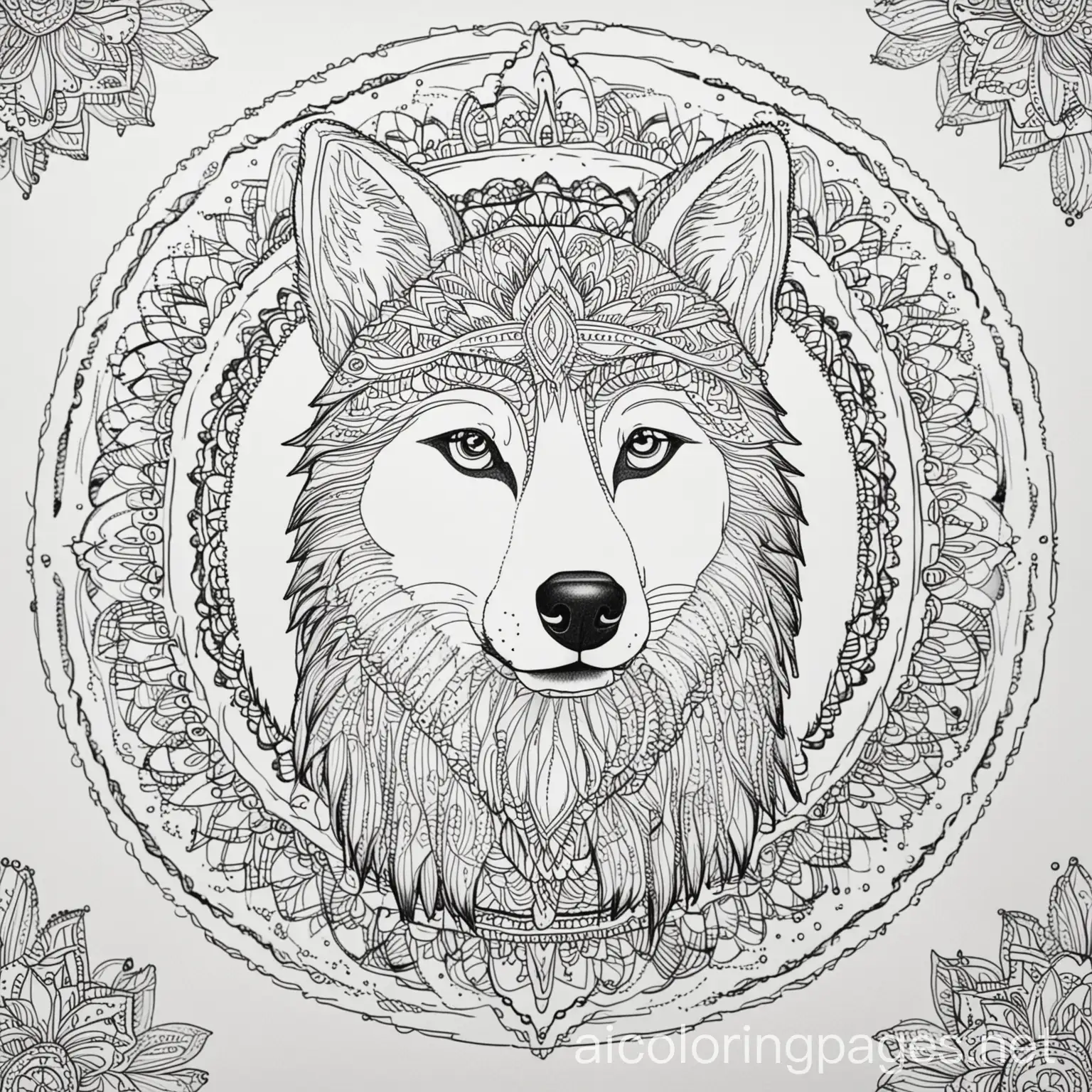 Husky dog mandala, Coloring Page, black and white, line art, white background, Simplicity, Ample White Space. The background of the coloring page is plain white to make it easy for young children to color within the lines. The outlines of all the subjects are easy to distinguish, making it simple for kids to color without too much difficulty
