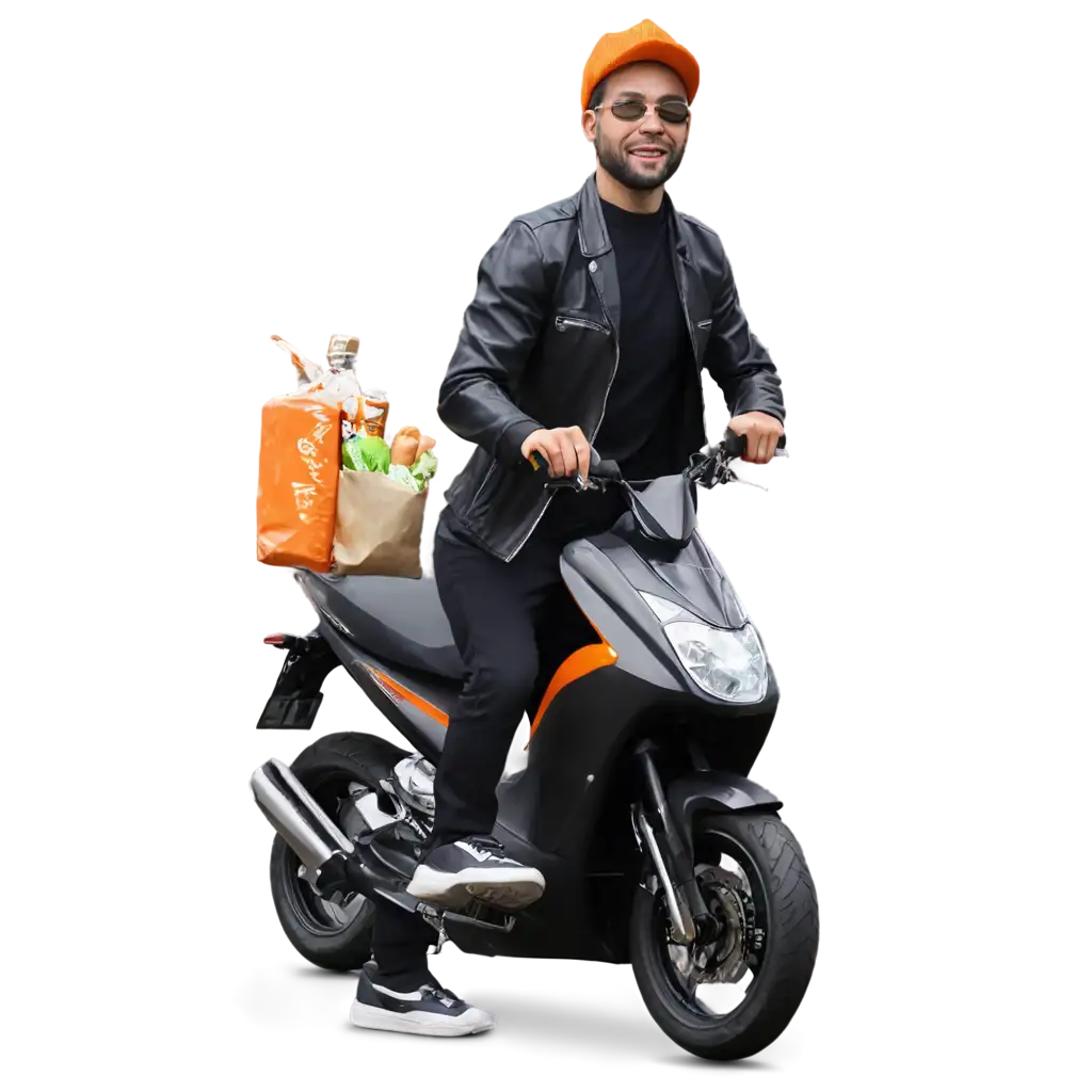 Gambarkan saya seorang pengendara ojek online dengan mengenakan jaket berwarna hitam kombinasi warna orange dan sedang mengendarai motor matic sambil membawa makanan dan minuman.