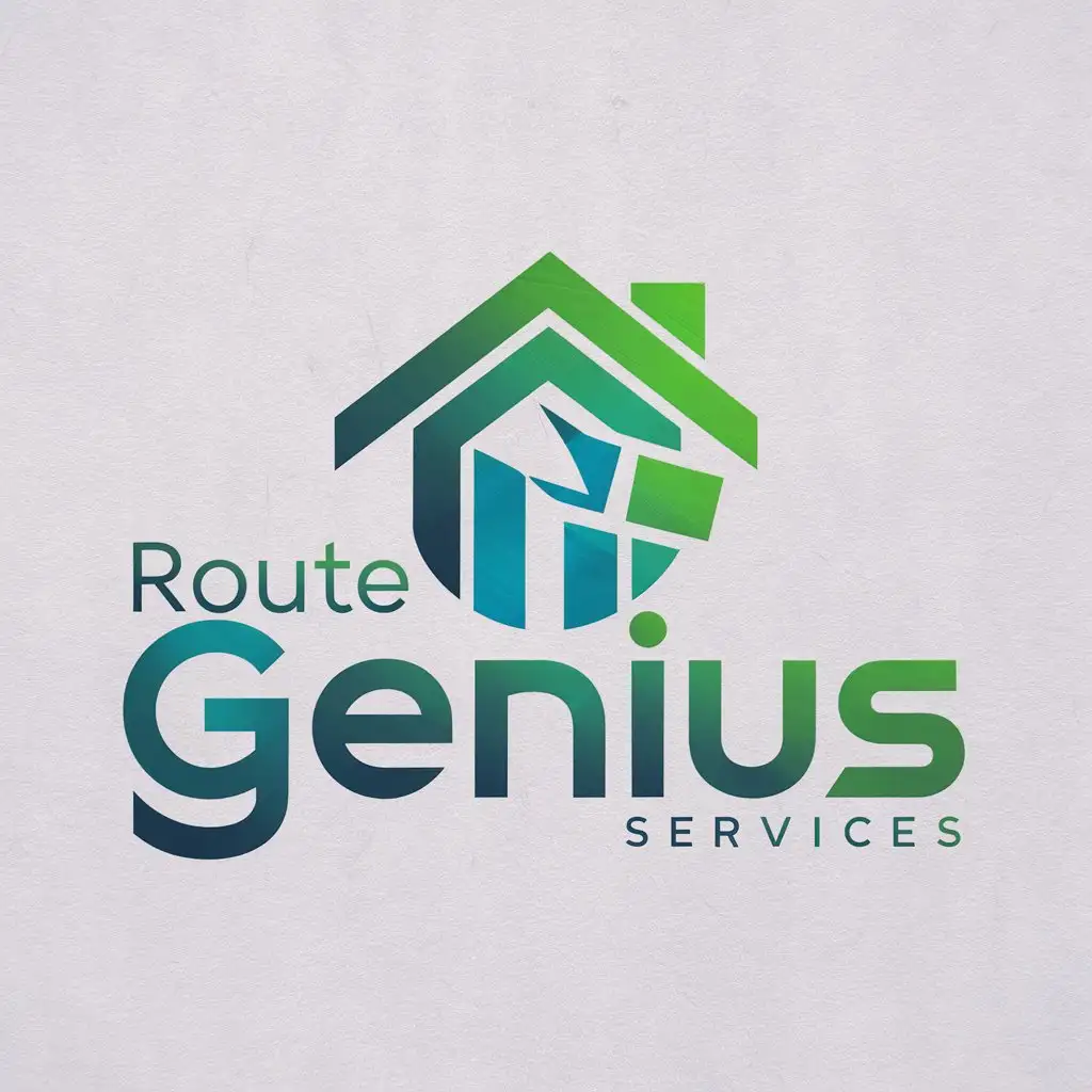 a logo design,with the text "Route Genius", main symbol:logo should include add symbol or icon that links to home services, such as a house or tool. preferred color, Consider using shades of blue, green, or other calming and reliable hues. must be a white background,Moderate,clear background