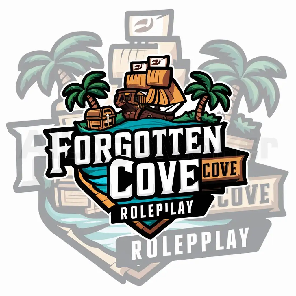 a logo design,with the text "Forgotten Cove RolePlay", main symbol:colorful pirate cove for a grand theft auto roleplay server,Moderate,be used in gaming industry,clear background