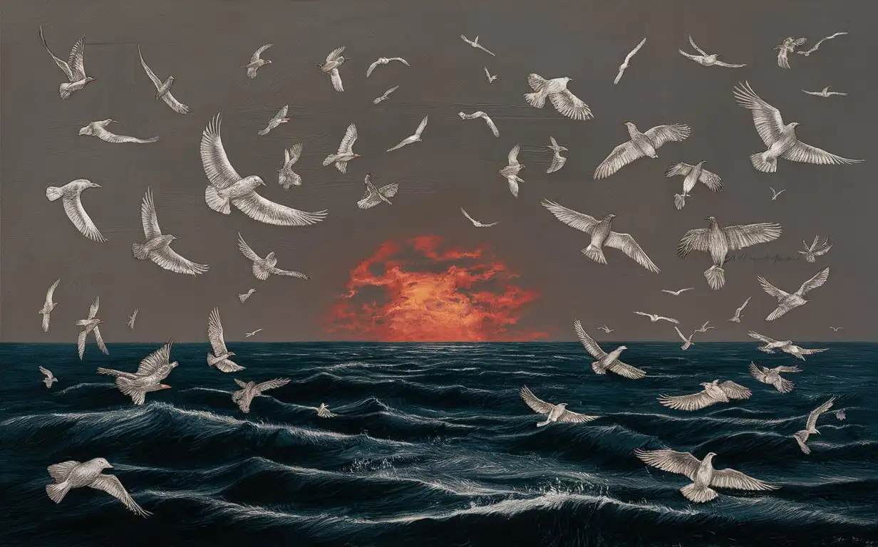 Serene Blue Sea at Sunrise with Flying Birds Pencil Drawing