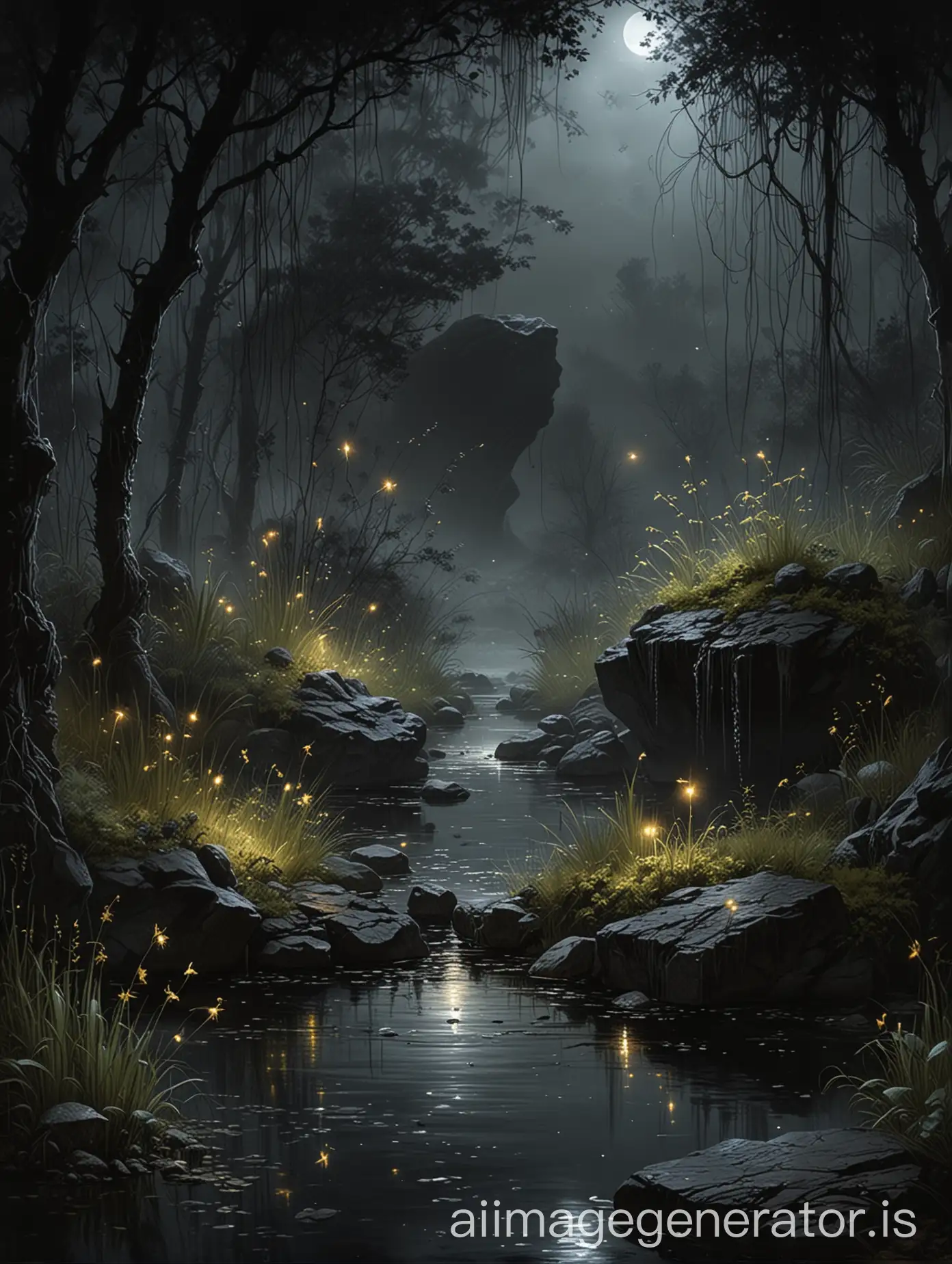 luis royo inspired dark backdrop, dark gloomy gardenscape, a wet rock by the pond, nightime, fireflies