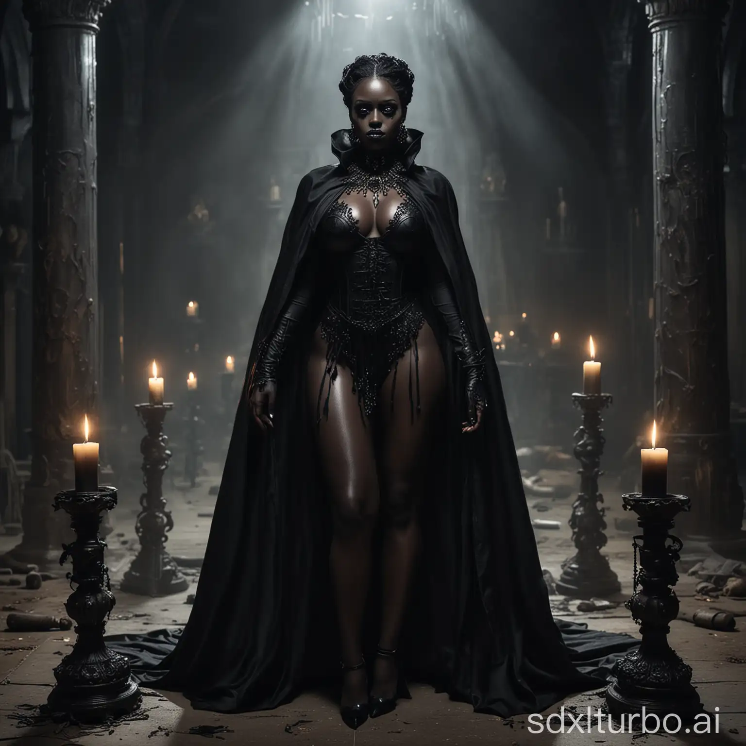 a majestic and powerful black woman, black makeup, large breasts exuding an aura of authority. Her imposing presence is accentuated by an air of mystique. Her dark costume and black cape with a high collar further accentuate her imposing presence, she is standing wearing high heels. The enchanting atmosphere is deepened by two skulls on either side, each with a lit black candle that casts mysterious shadows. This captivating scene masterfully combines mystery and power