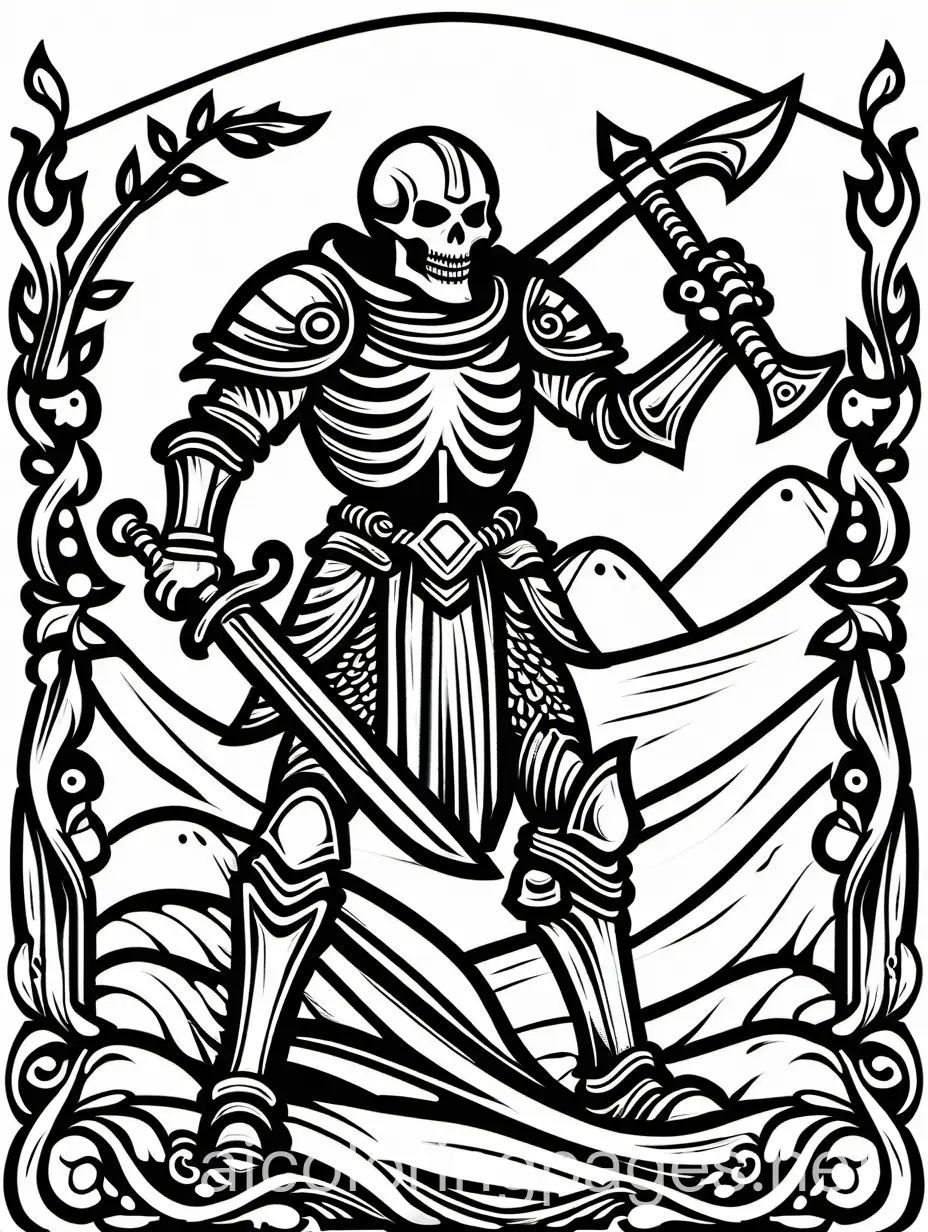 skeleton knight scary with axe, Coloring Page, black and white, line art, white background, Simplicity, Ample White Space. The background of the coloring page is plain white to make it easy for young children to color within the lines. The outlines of all the subjects are easy to distinguish, making it simple for kids to color without too much difficulty