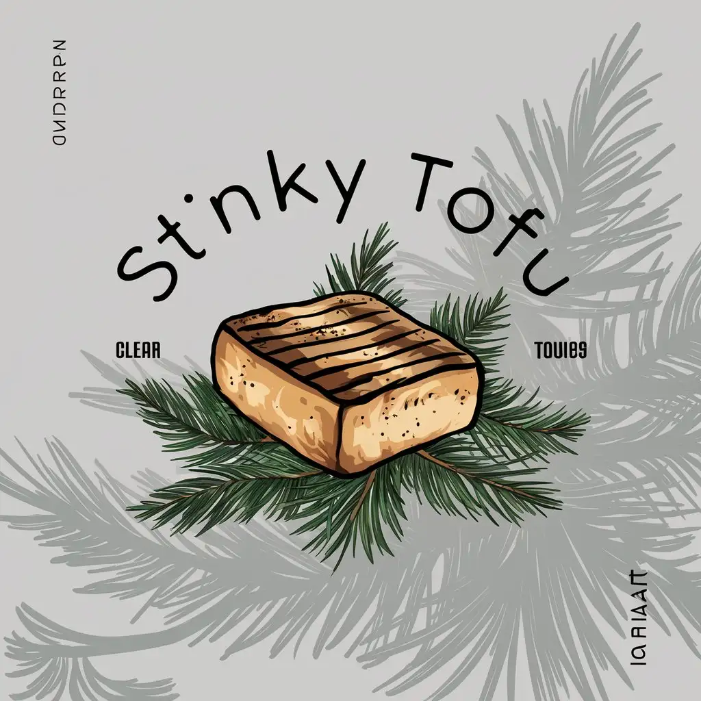 a logo design,with the text "stinky tofu", main symbol:charcoal-grilled tofu on pine leaves,Moderate,clear background