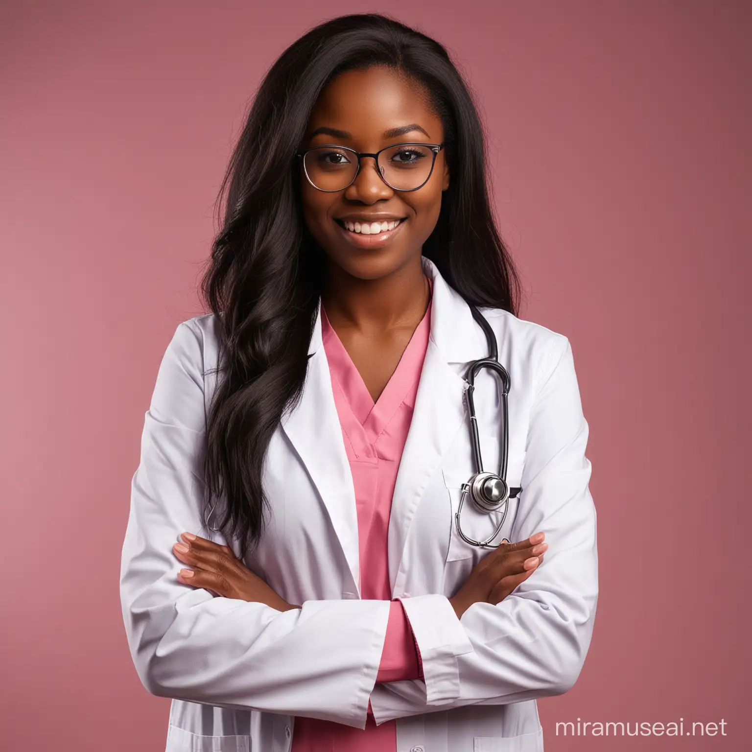 Realistic photo of a Nigerian female doctor in her early 20s, on a dark Pink inner sleeve and a white doctor coat, with a doctor stethoscope , on long black hair, on glasses, smiling, folding her arms, front facing, focus on camera, looking forward, on a dark studio background 
