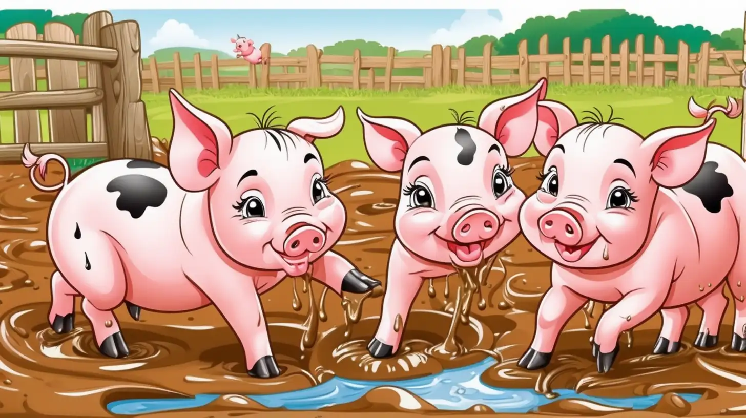 Playful Piglets Frolicking in Muddy Puddle Farmyard Cartoon