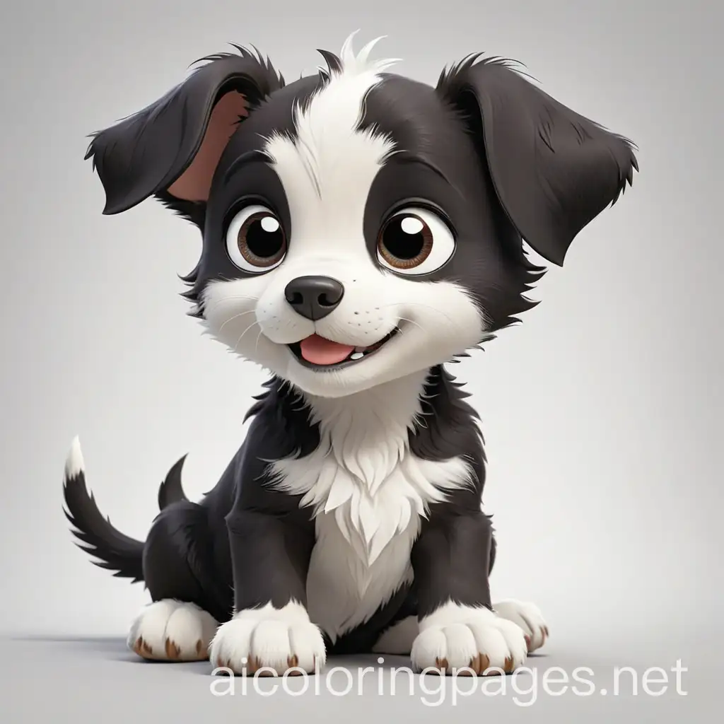 A black and white outlined cute puppy in a kids cartoon movie style , Coloring Page, black and white, line art, white background, Simplicity, Ample White Space. The background of the coloring page is plain white to make it easy for young children to color within the lines. The outlines of all the subjects are easy to distinguish, making it simple for kids to color without too much difficulty