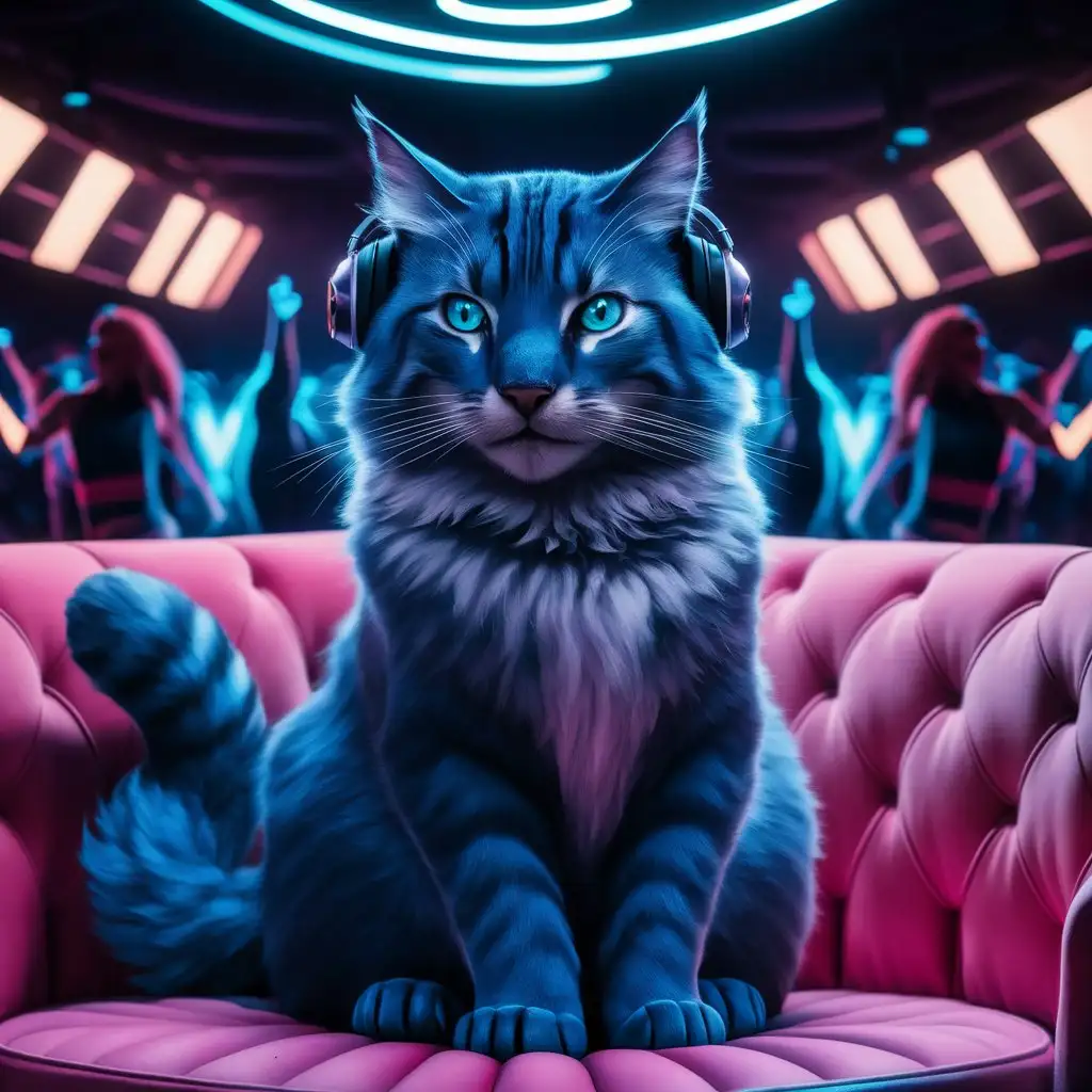 realistic blue feline, loving edm music