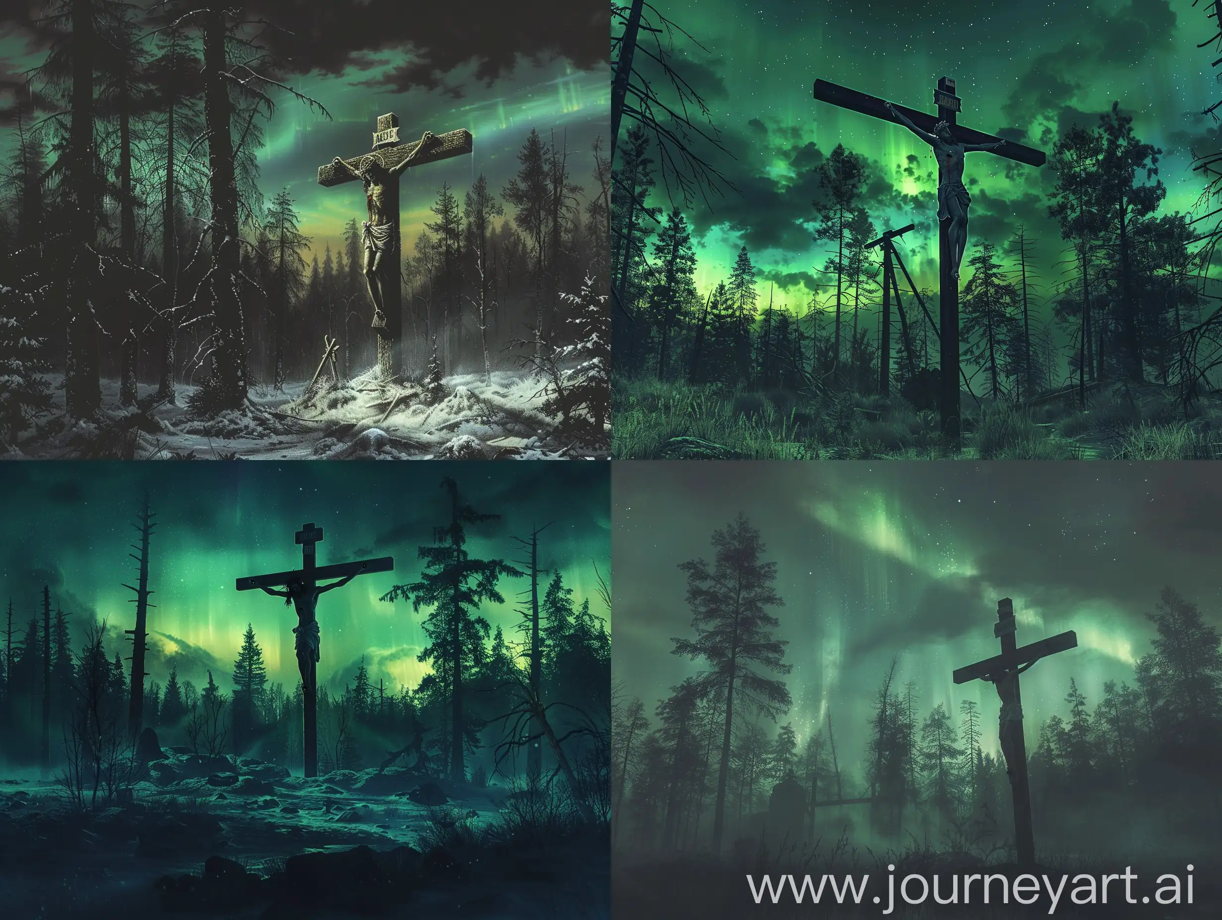 Crucifixion with Aurora Borealis: "A poignant scene of Christ's crucifixion in a medieval Russian setting, with the aurora borealis illuminating the darkened sky, creating an ethereal glow on the surrounding taiga forest." based in Anatoly Timofeevich Fomenko e Gleb Vladimirovich Nosovsk books