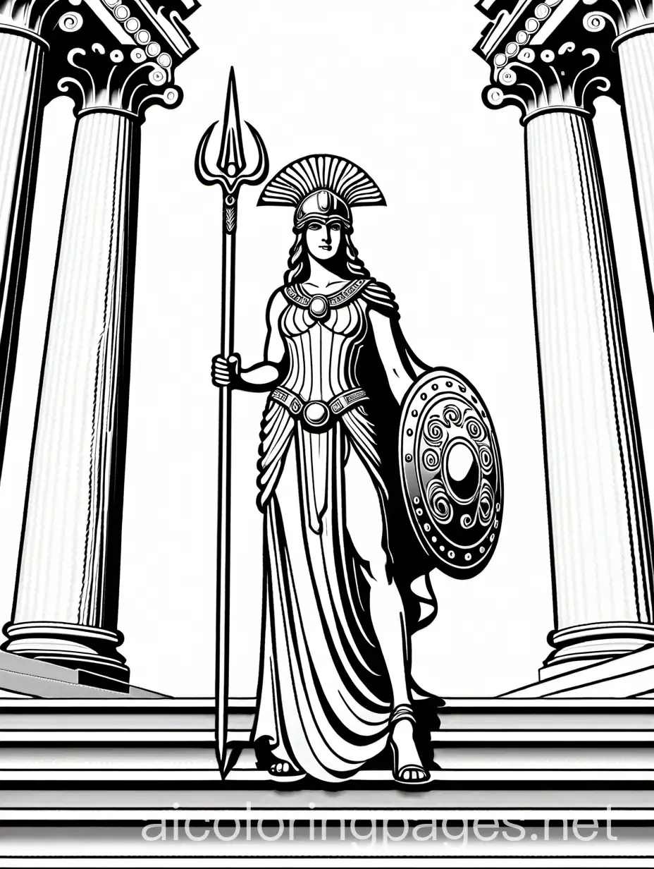 **Athena at the Parthenon** - Athena standing proudly before the Parthenon, helmet on, spear in hand, and shield at her feet showing the head of Medusa., Coloring Page, black and white, line art, white background, Simplicity, Ample White Space. The background of the coloring page is plain white to make it easy for young children to color within the lines. The outlines of all the subjects are easy to distinguish, making it simple for kids to color without too much difficulty