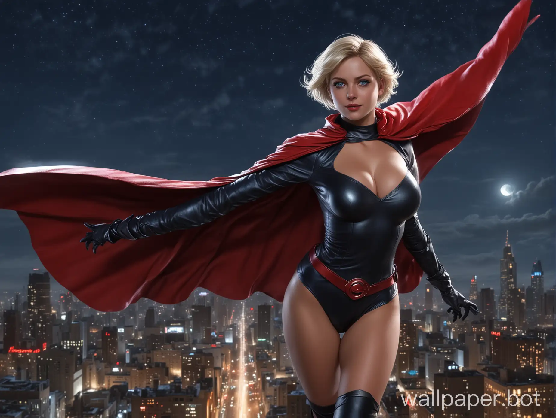 powergirl in a costume of black leather, with short hair, large breast, bright blue eyes gleaming, red cape unfurls in the wind, flies through the night sky above the city, moon shines brightly