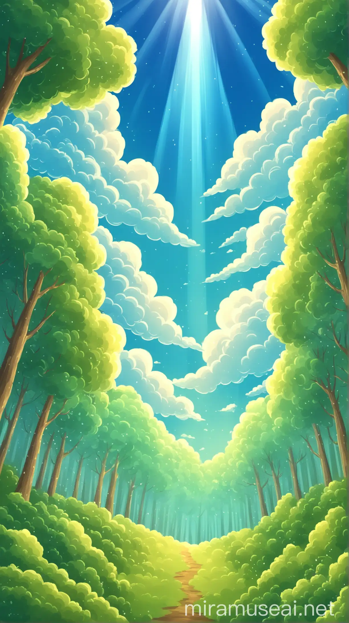 Enchanting Forest Under a Cartoonish Sky Ray of Light Filtering Through Blue Clouds