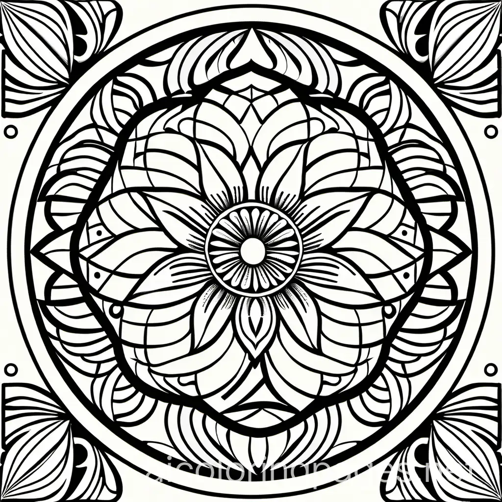Adult Coloring Mandala Flower, Coloring Page, black and white, line art, white background, Simplicity, Ample White Space. The background of the coloring page is plain white to make it easy for young children to color within the lines. The outlines of all the subjects are easy to distinguish, making it simple for kids to color without too much difficulty