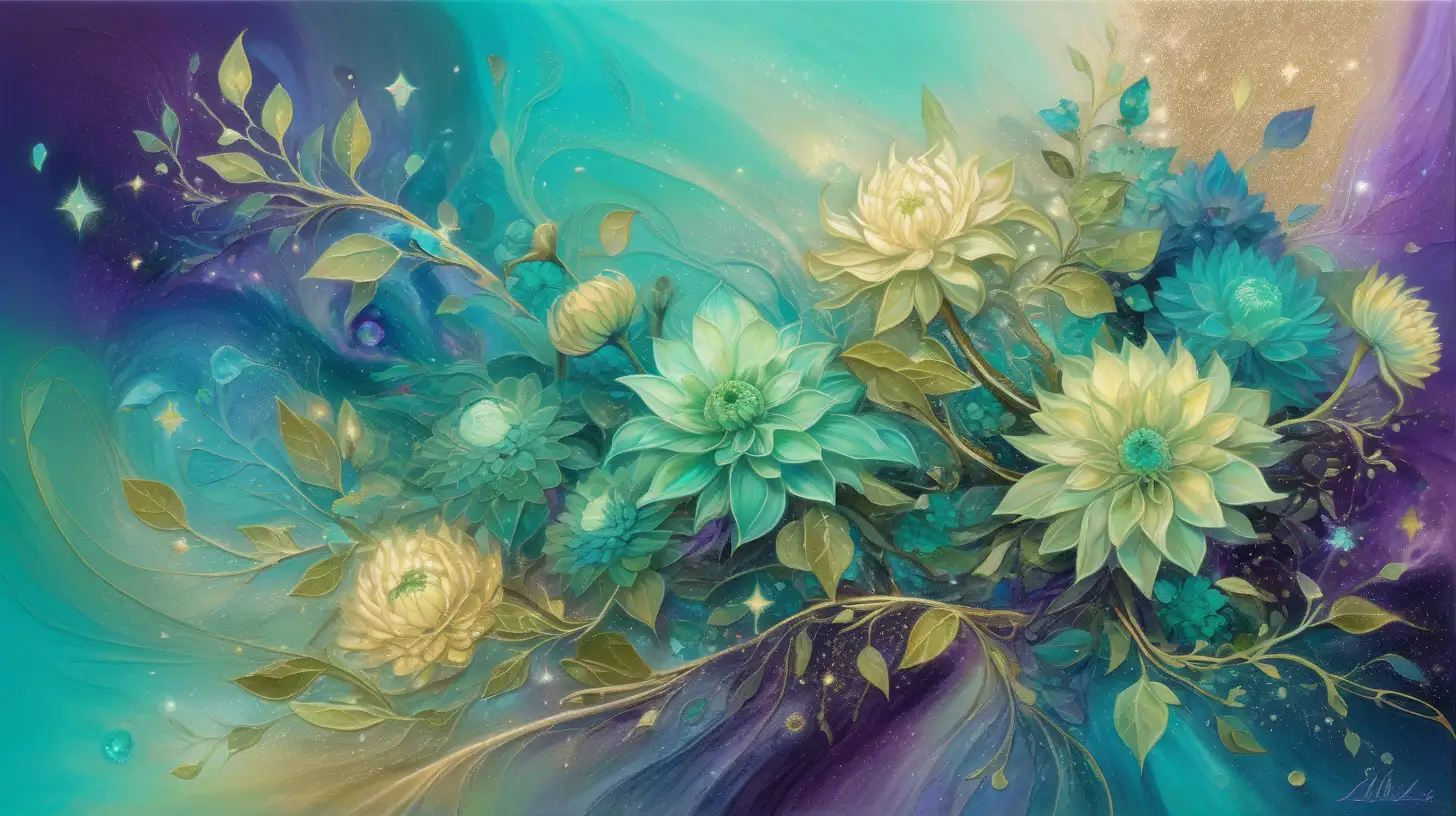 textured oil painting of abstract art of florescent colors of green-mint and leather browns and beiges and golden-whites in golden dust and a magical tan florals glowing with luminescent  green vines among blue and purple galaxies and Dahlia with bright turquoise