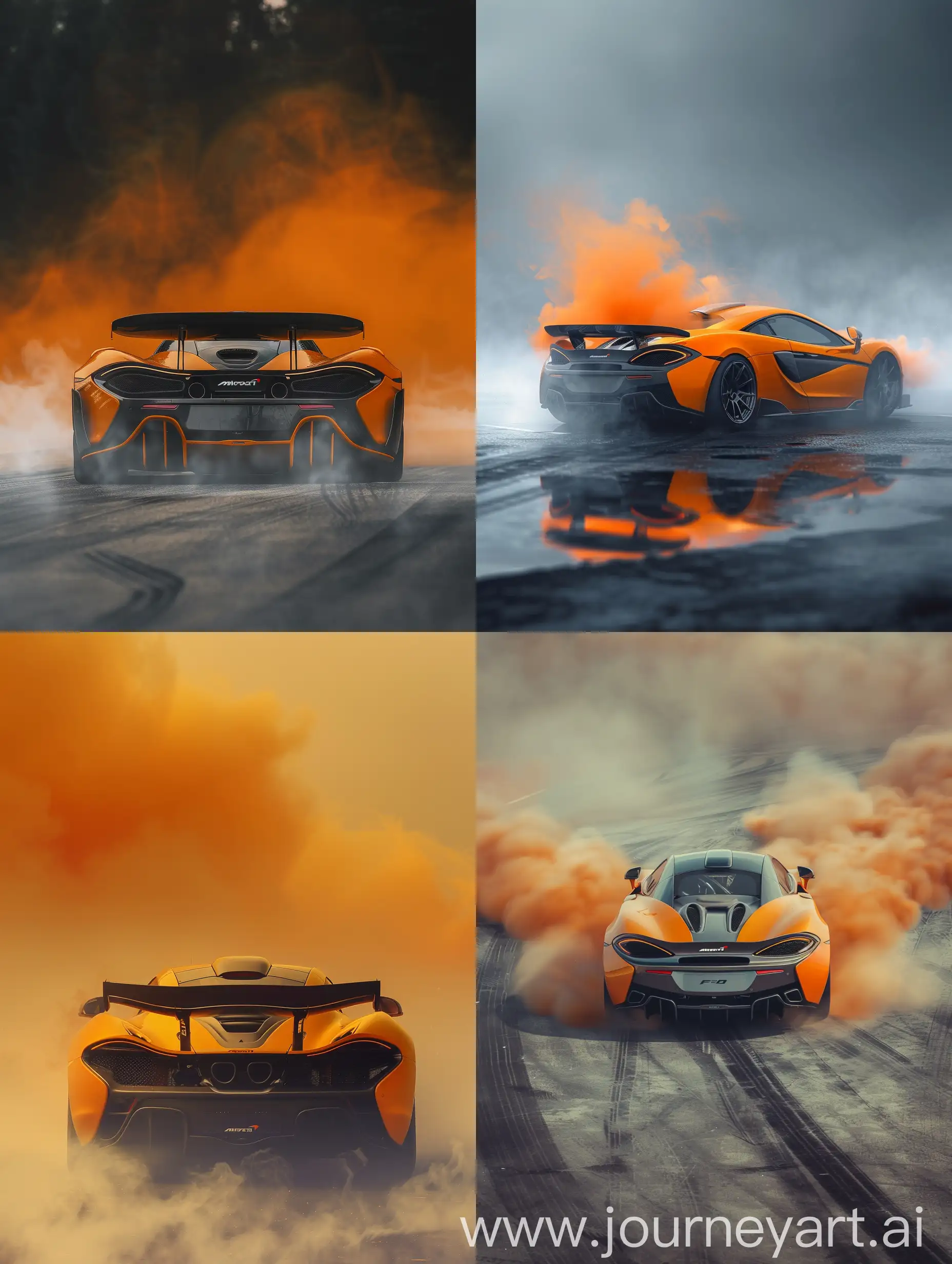 arafed orange sports car with smoke coming out of the back, mclaren, shot on sony a 7 iii, orange fog, car photography, inspired by Mike Winkelmann, motor sport photography, automotive photography, by Adrian Zingg, mclaren f1, shot on nikon z9, motorsports photography, hyper realistic”, hyper realistic ”, hyperralistic