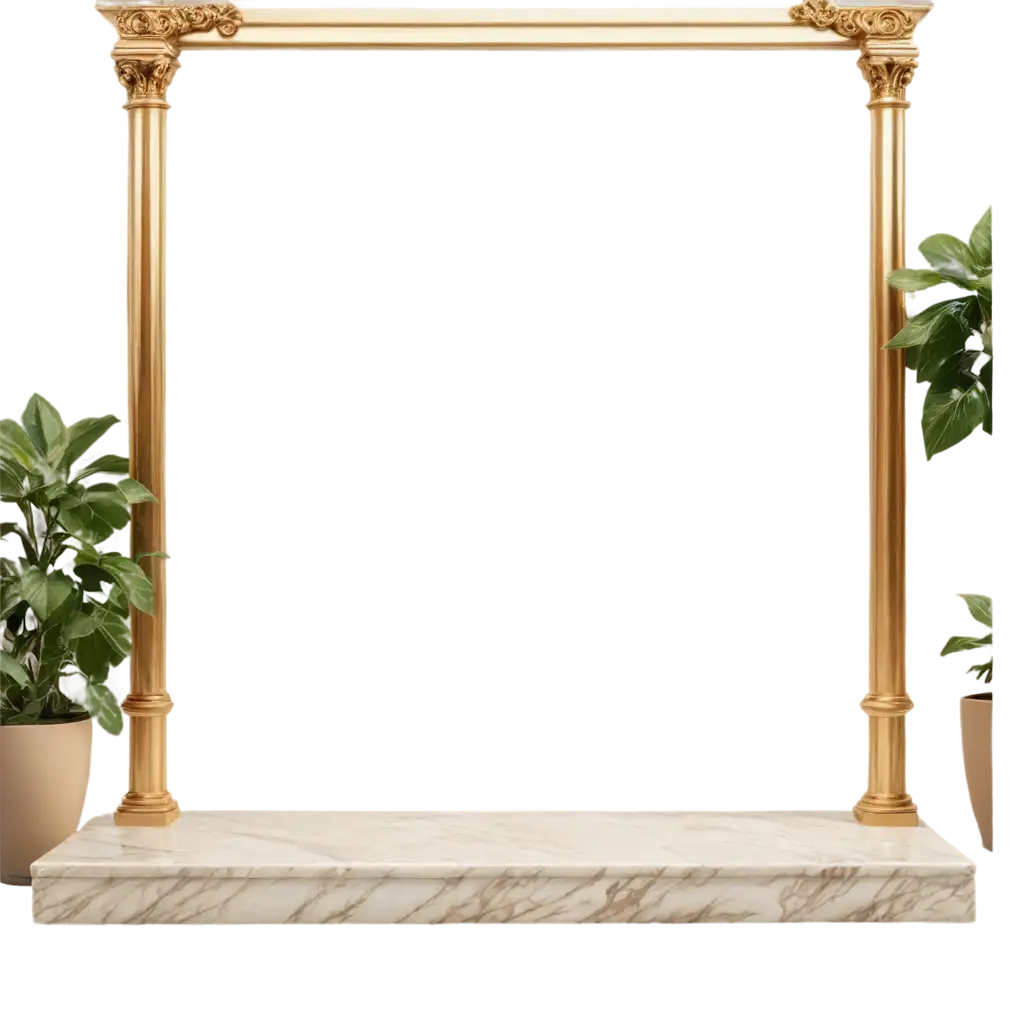 gold and marble empty rectangular frame, renaissance style, on a podium made with shiny brown creamy marble with intricate veins.  in the center and facing straight forward. It is in a garden. The scene is with golden hour lighting. All in 3d ultra realistic details. the podium is viewed from the front.  and plants on the sides. All symmetrical.