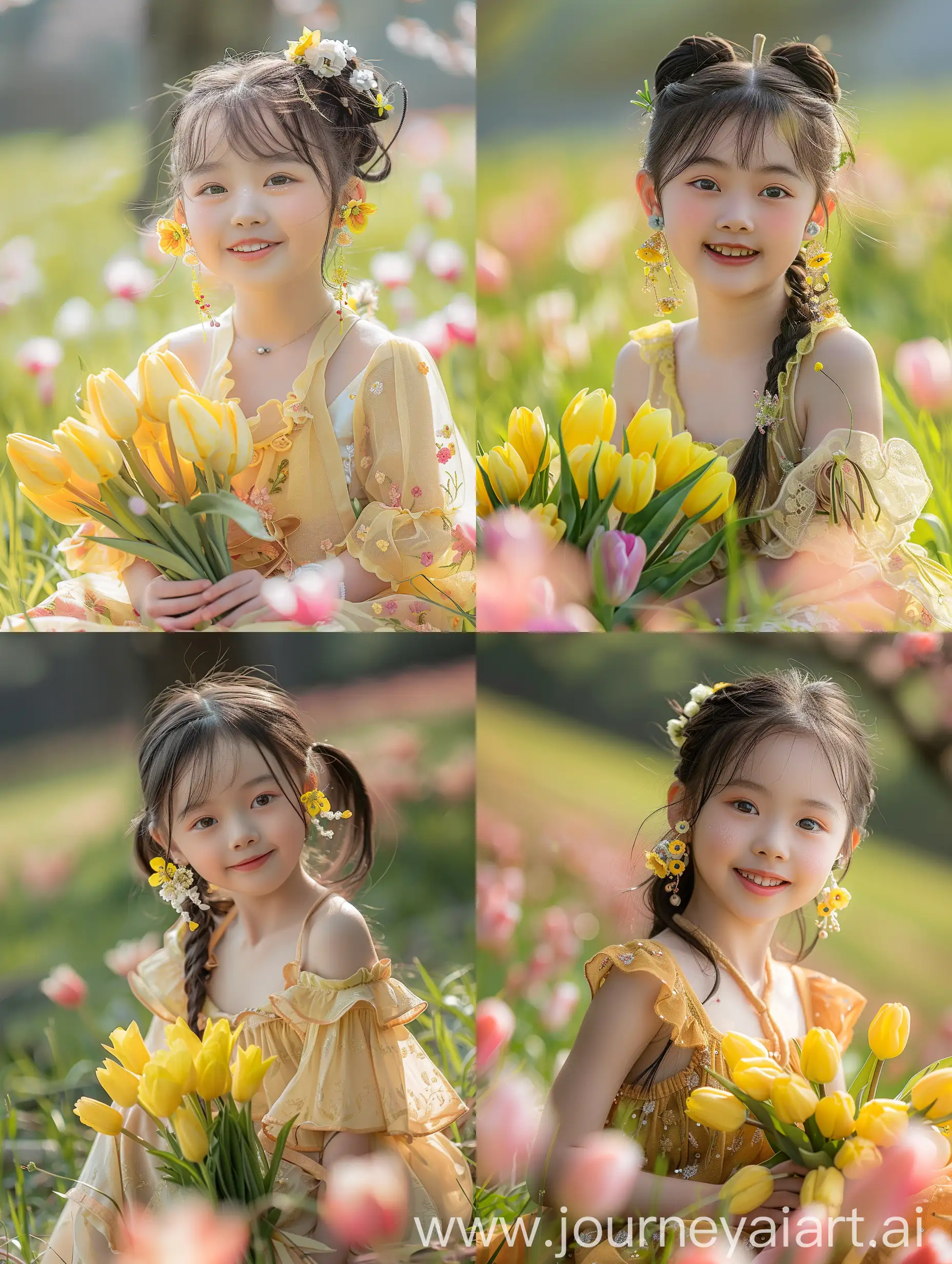 Cheerful-Chinese-Girl-with-Yellow-Tulips-in-a-Blooming-Meadow