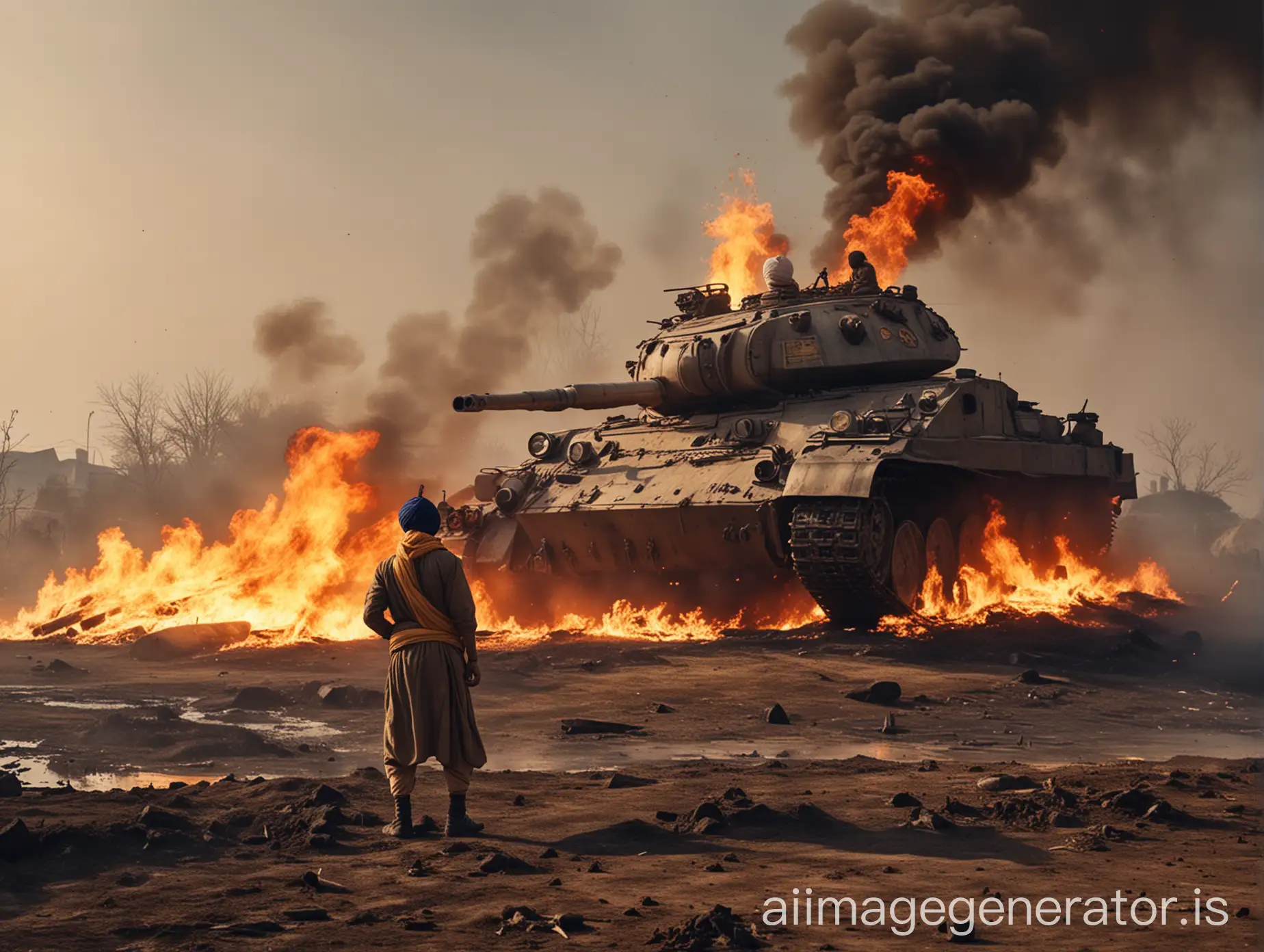 Landscape full HD battle atmosphere, there was a tank on fire with Sikh turban man sitting on the tank