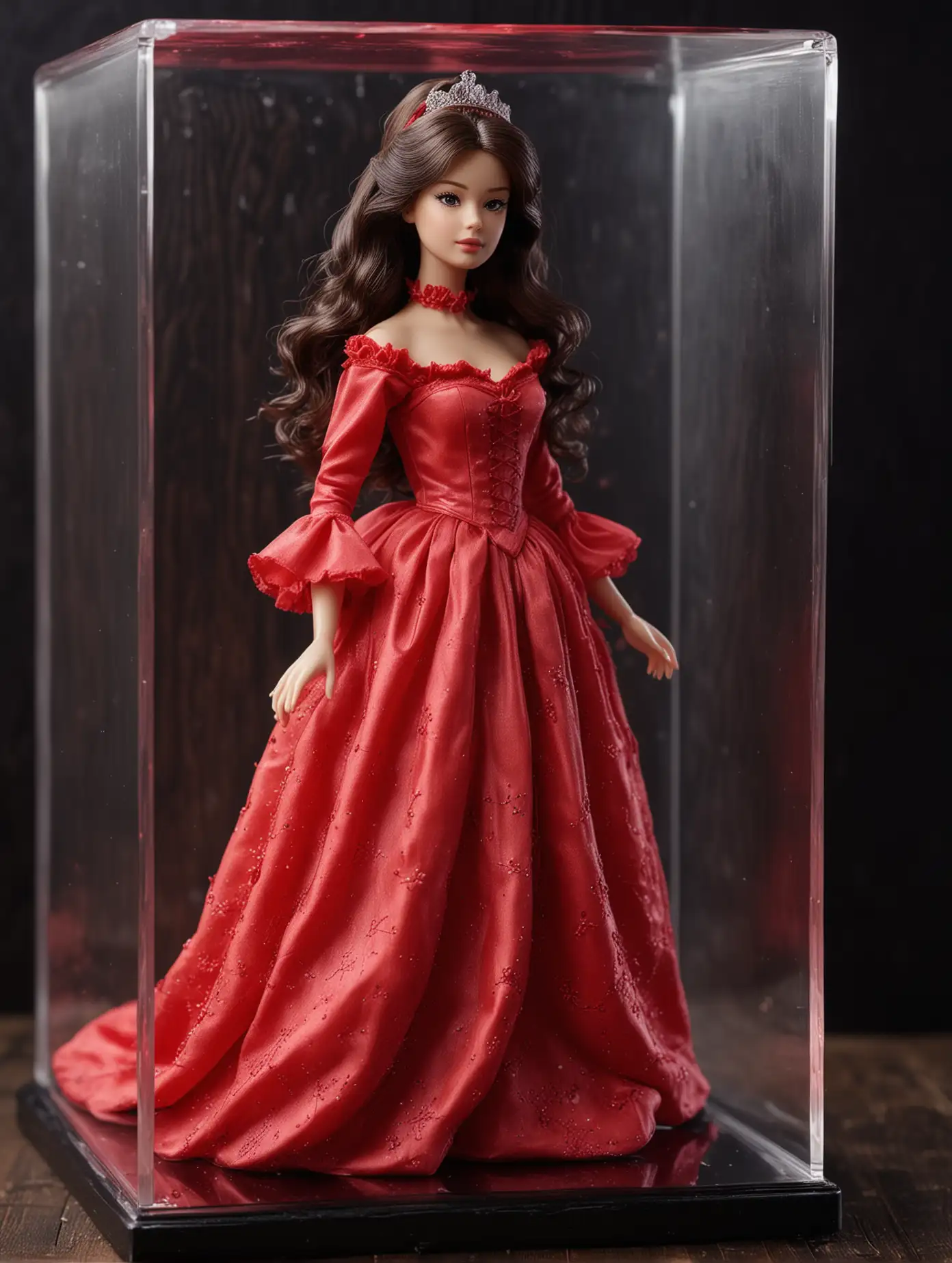 Barbie teenager Mikako Tabe wax miniature is beautiful.wavy hair. Wearing a Cinderella red costume.Standing on a glass black wooden box. realistis, realistic, film stock, bright colors"