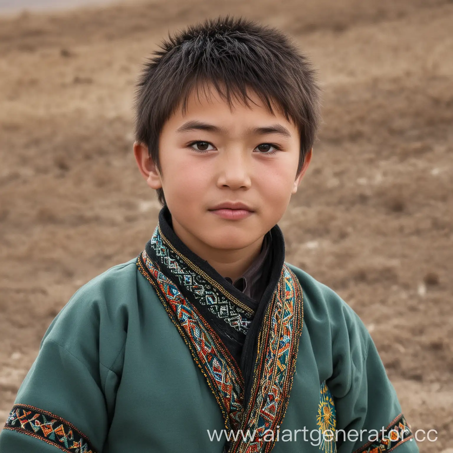 Kazakh-Boy-Wearing-Traditional-Attire-in-Rural-Landscape