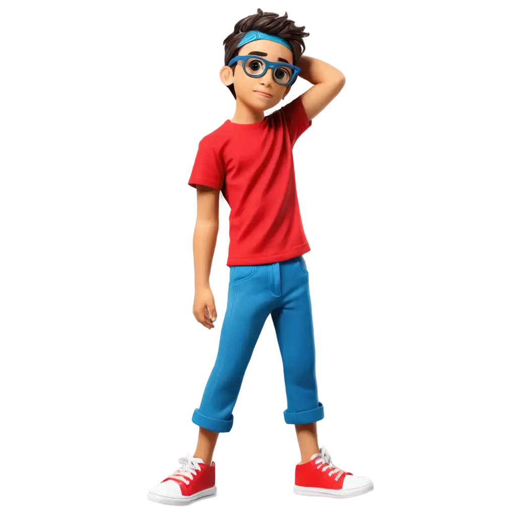 (Personaje Animado De Canti Rondas) Carlito (6 Años) Lleva Gafas Rectangulares Azules, Camisa Roja, Pantalones Azul y Zapatos Blancos
