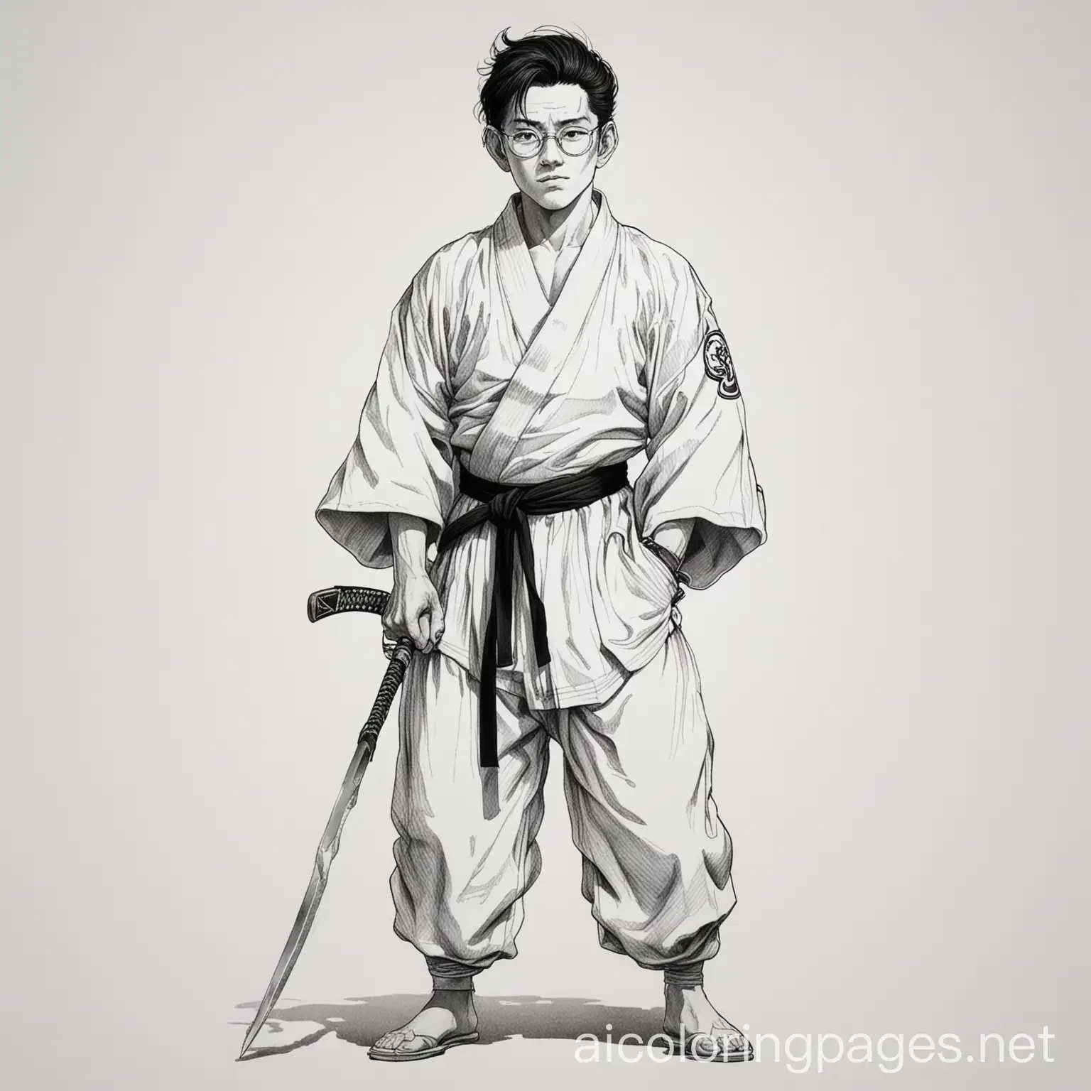 Satoru Gojo, Coloring Page, black and white, line art, white background, Simplicity, Ample White Space. The background of the coloring page is plain white to make it easy for young children to color within the lines. The outlines of all the subjects are easy to distinguish, making it simple for kids to color without too much difficulty