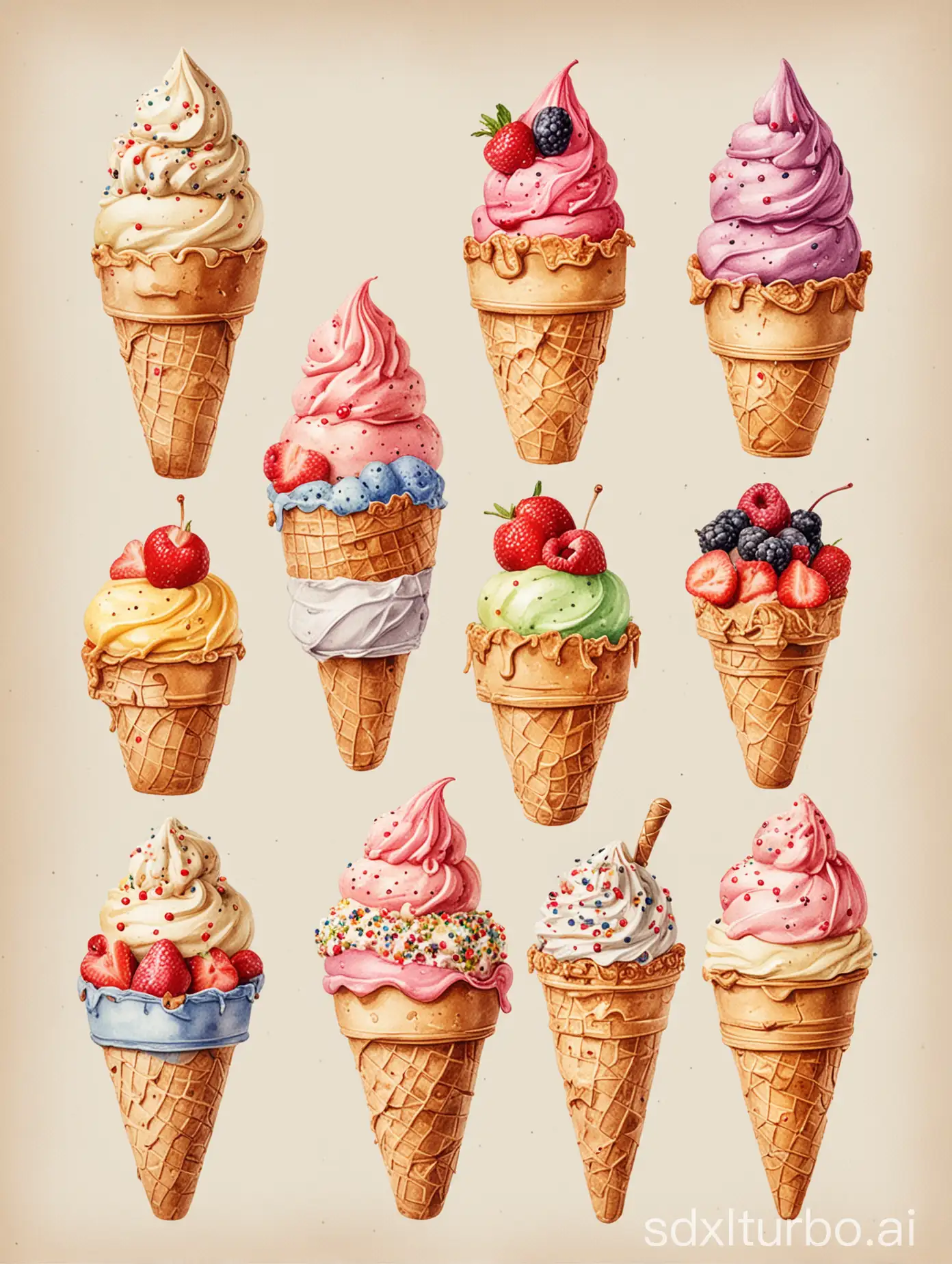 Watercolor clipart of Vintage ice creams, on white background --s 250 --niji 6  Each cone features a unique and delicious flavor of ice cream topped with delightful elements like fruits, sprinkles, and cookies, depicted in a charming illustration.