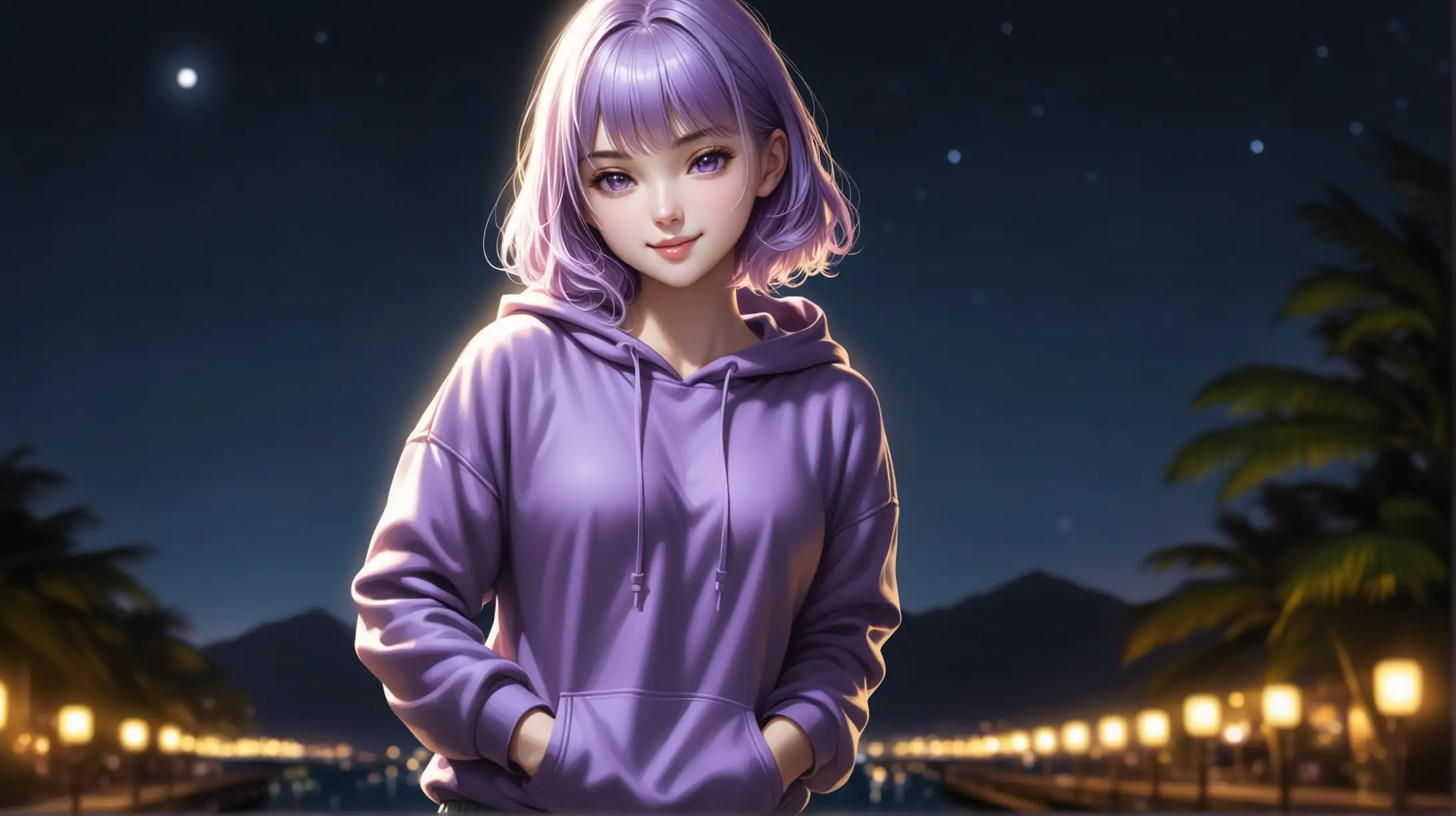 Draw a woman, shoulder length light purple hair, messy bangs framing her face, light purple eyes, petite figure, high quality, realistic, accurate, detailed, long shot, full body, outdoors, night lighting, seductive pose, shorts and hoodie, smiling at the viewer