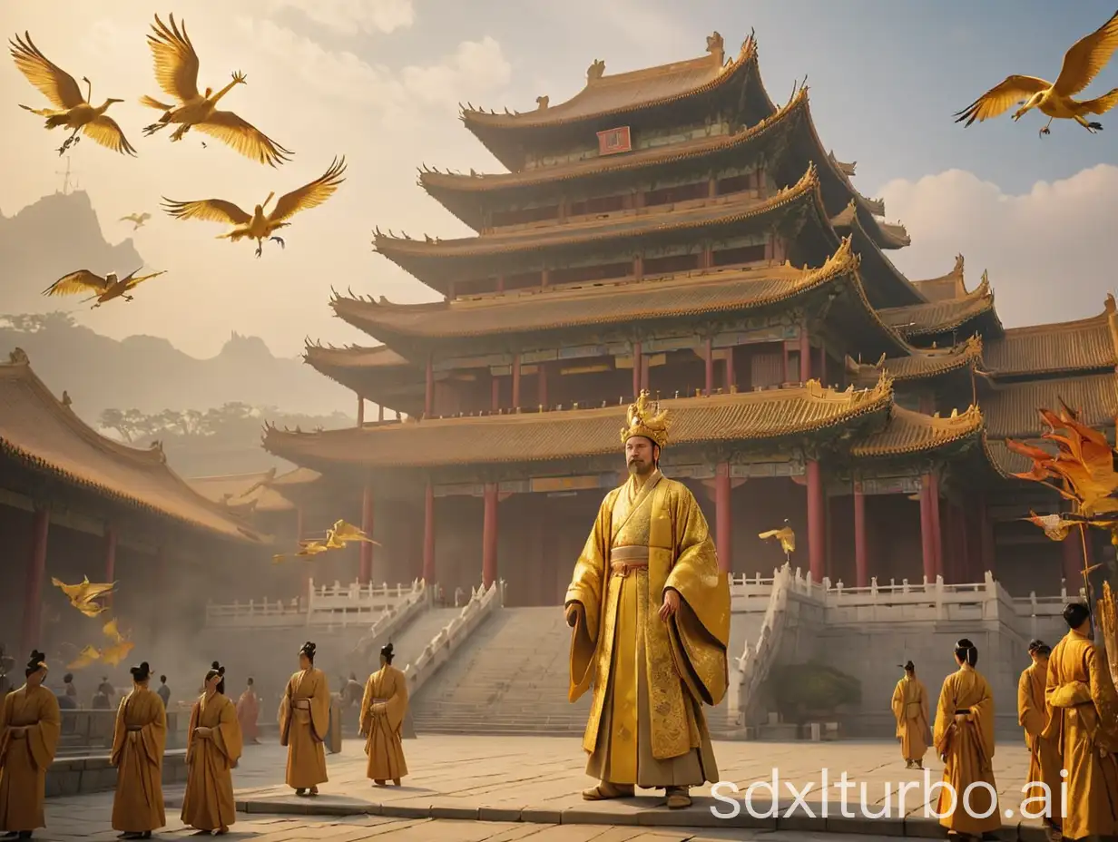 The mist-shrouded Heavenly Palace, the golden palace glistened in the sunlight. The Chinese emperor, wearing a golden dragon robe and a golden pendant on his head, deliberated with many immortals in the main hall, and cranes flew around the palace.