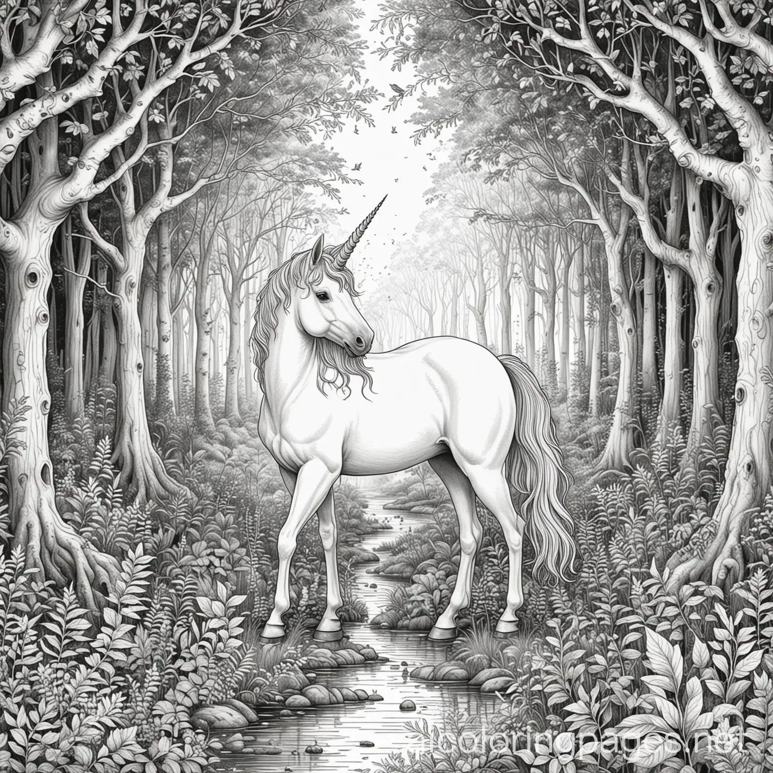 A unicorn in an enchanted forest, Coloring Page, black and white, line art, white background, Simplicity, Ample White Space. The background of the coloring page is plain white to make it easy for young children to color within the lines. The outlines of all the subjects are easy to distinguish, making it simple for kids to color without too much difficulty