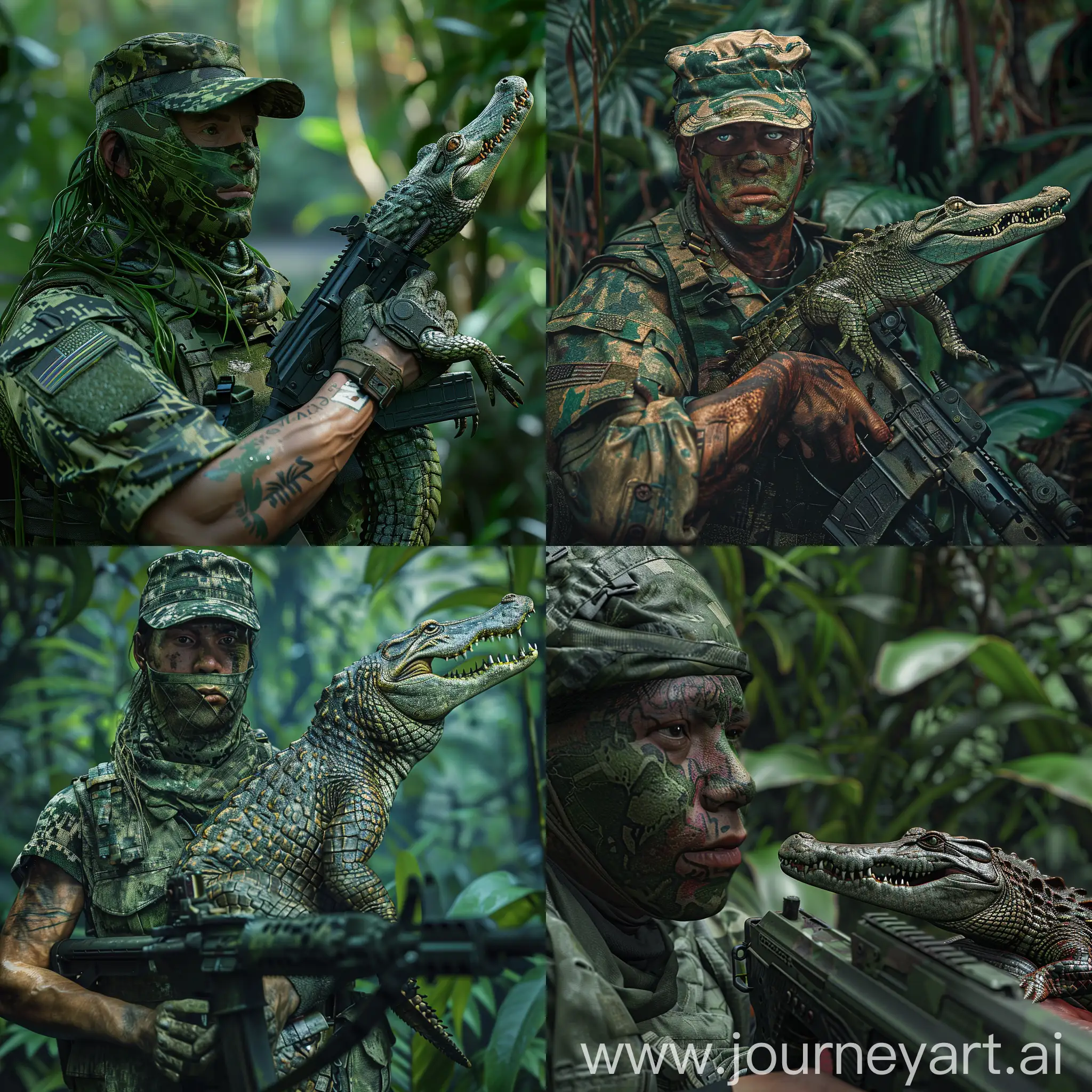 South-American-Soldier-Camouflaged-in-Amazon-Jungle-with-Crocodile