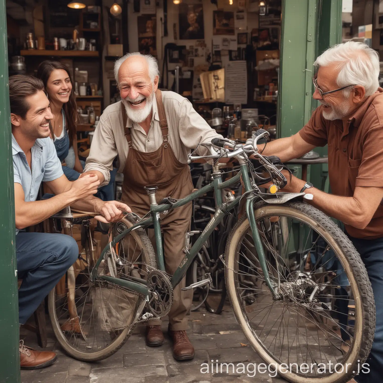 picture in vertical orientation of an old man repairing a bicycle in a coffee shop with friends and all are laughing