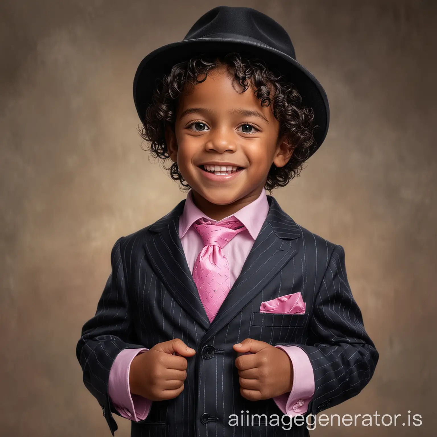 A realistic portrait of a 4 year old black Colombian boy, who is small for his age . He has shoulder length curly hair, light black skin and blue eyes. He should be wearing a 3 piece black pinstripe suit, with a pink shirt and a pink fedora with a black and pink feather. He should have a big laughing smile and his hands holding his jacket over one shoulder