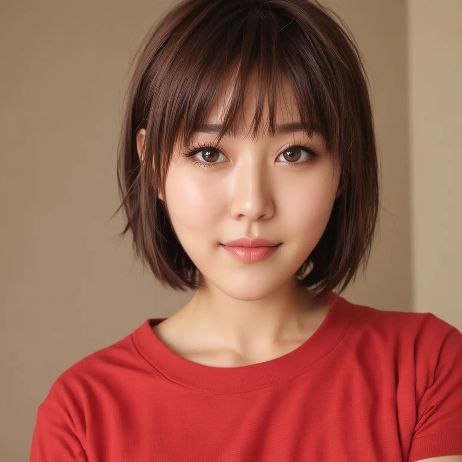 Yua mikami cute girl. Short hair with red Shirt