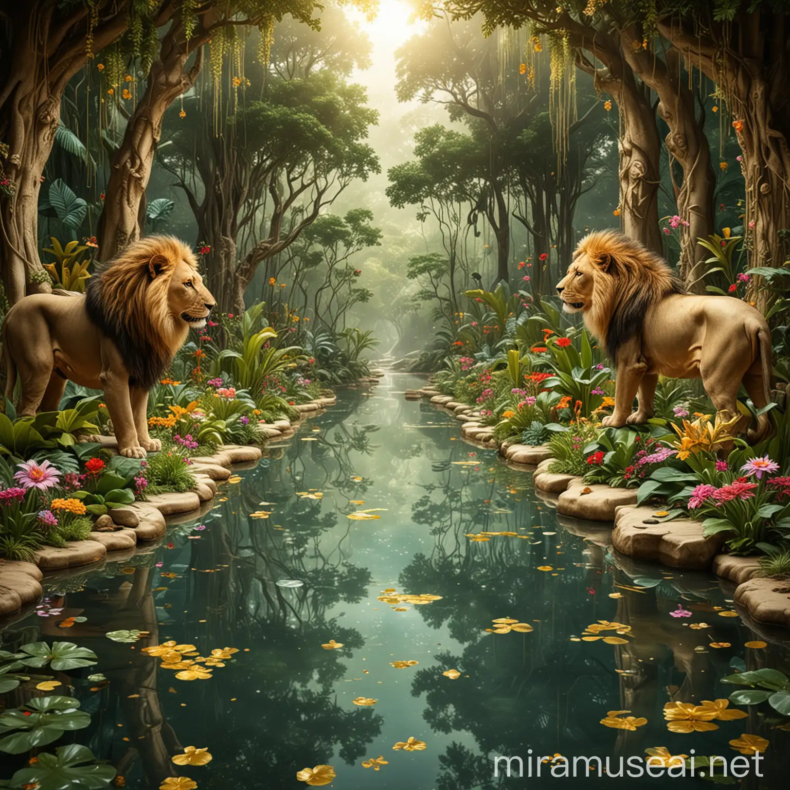 a jungle background with magical flowers and rivers and trees with lions and golden glass floor


