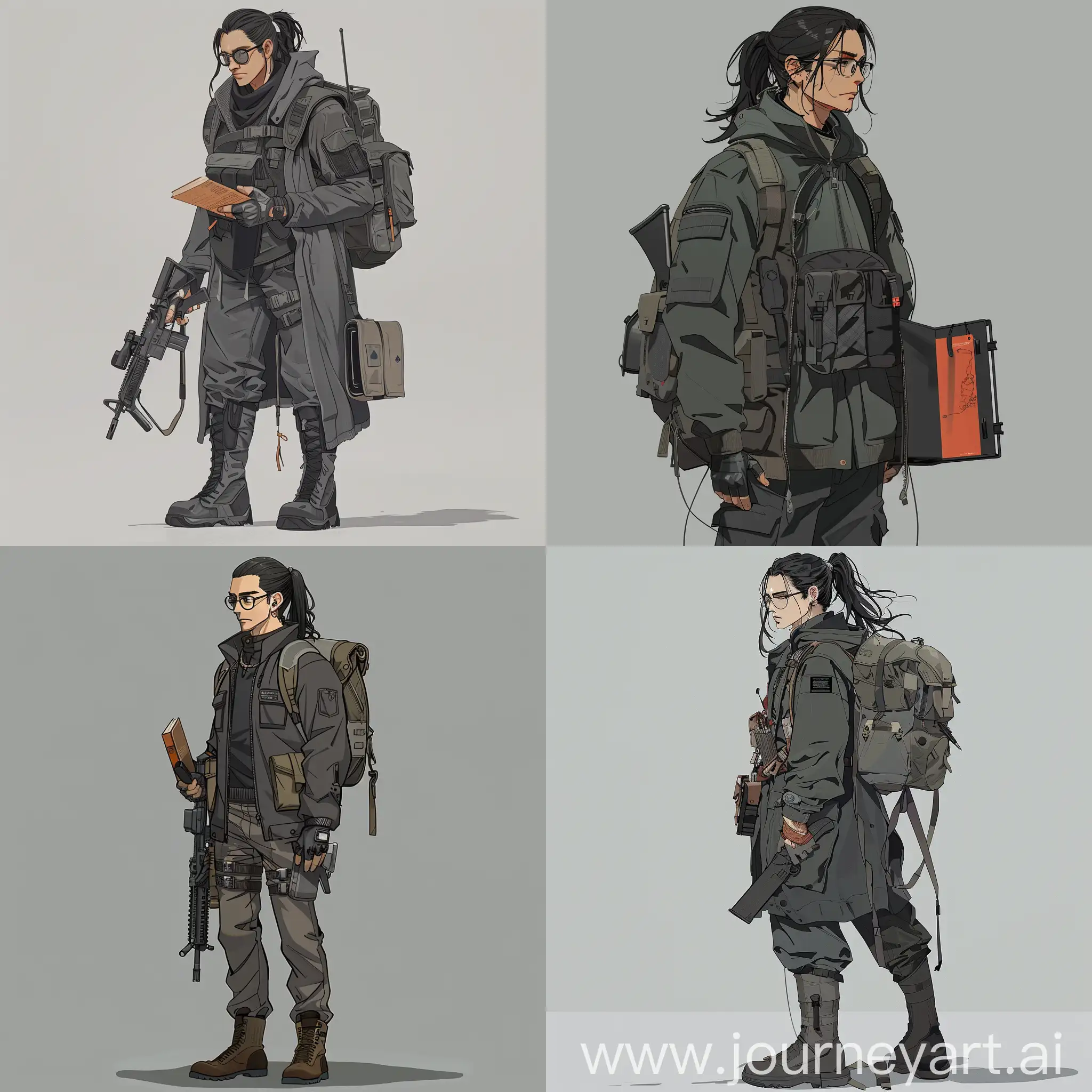 The man, 25 years old, is 154 cm tall, long black hair pulled back into a ponytail, a dark gray windbreaker with four pockets, a book is 14 cm high and 7 cm long sticking out of one. dark gray trousers, military boots. Wear glasses. On the belt there are two holsters with pistols, one dark gray, the other light gray. There is also a case with a dagger.