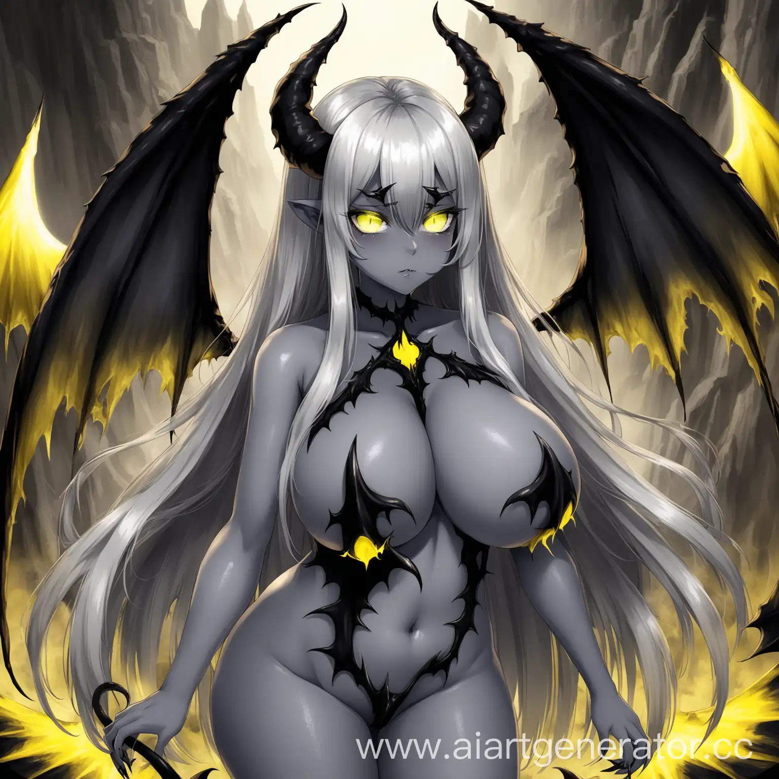 long hair, gray skin, sulfur eyes and wings, demon wings, demon tail, big boobs