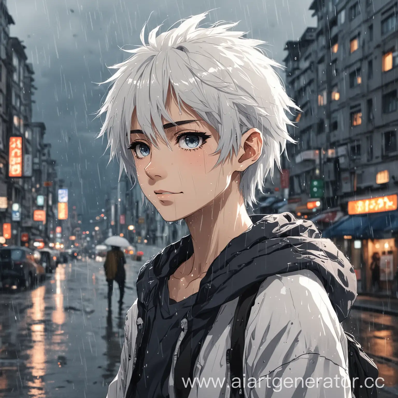 аниме подростка с белыми волосами. На фоне большой дождливый город.