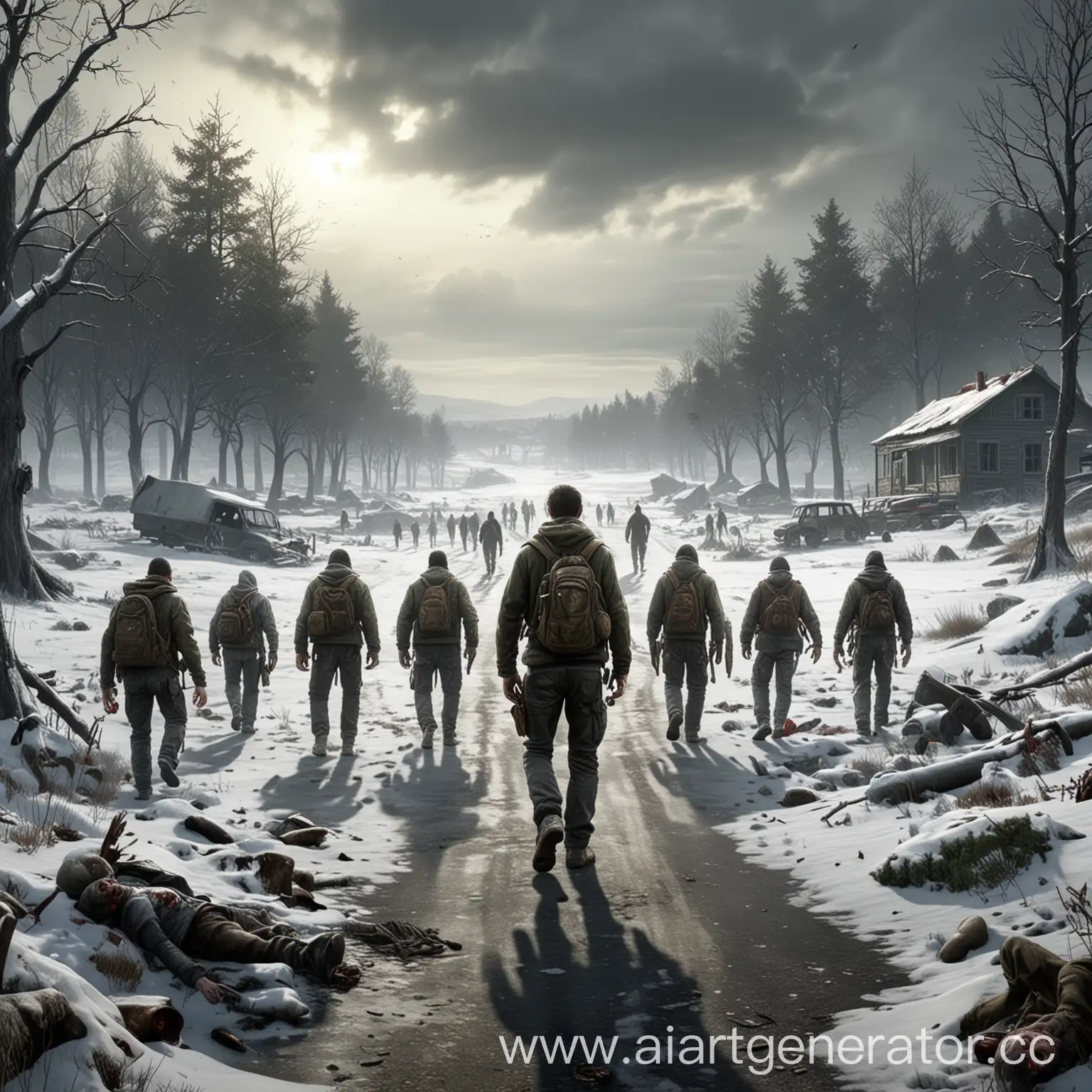 реалистичная картина, игра Dayz, зимний пейзаж, на переднем плане выживший лицом вперёд, на заднем фоне зомби