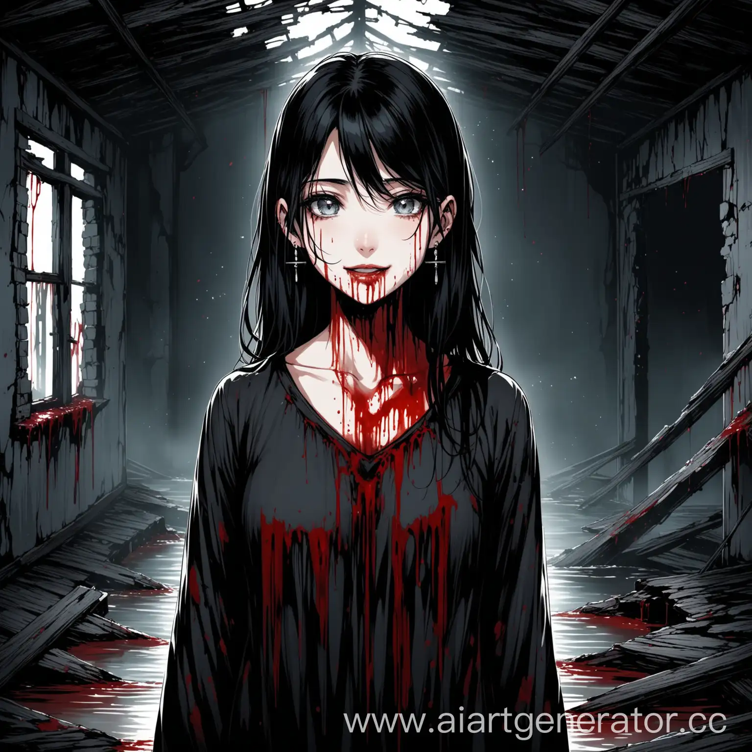 Eerie-BlackHaired-Girl-with-Empty-Eyes-Smiling-Amidst-Ruins-and-Blood