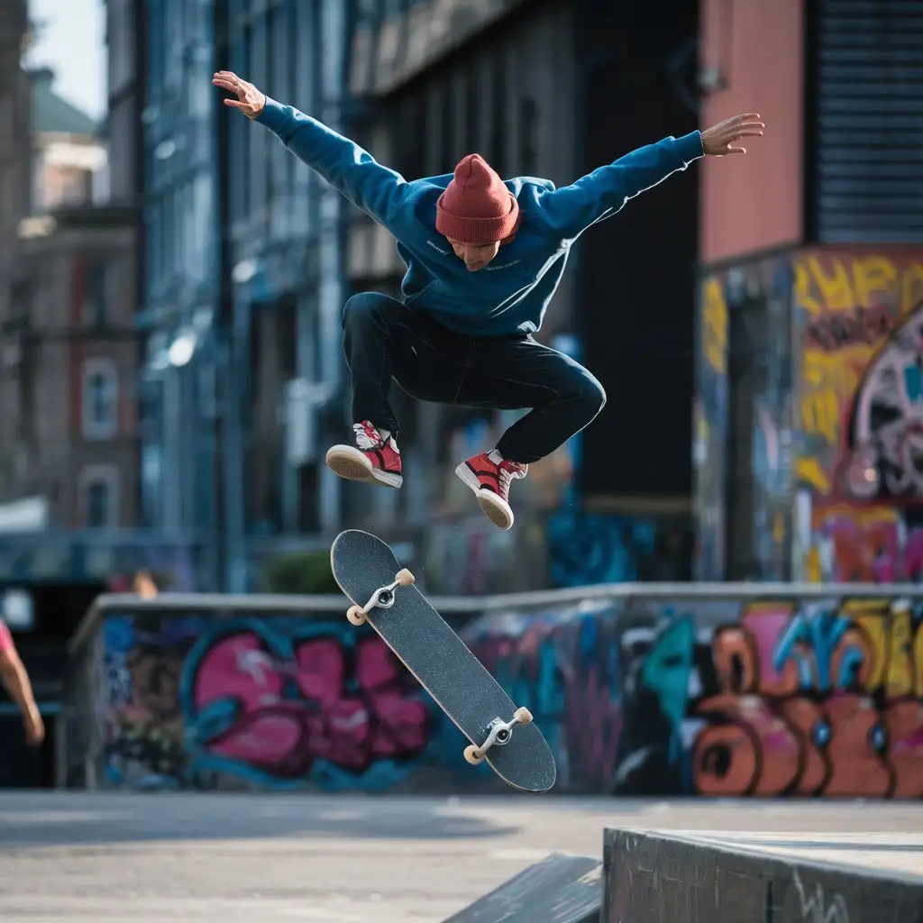 An action-packed skateboarding scene with a skater doing tricks.