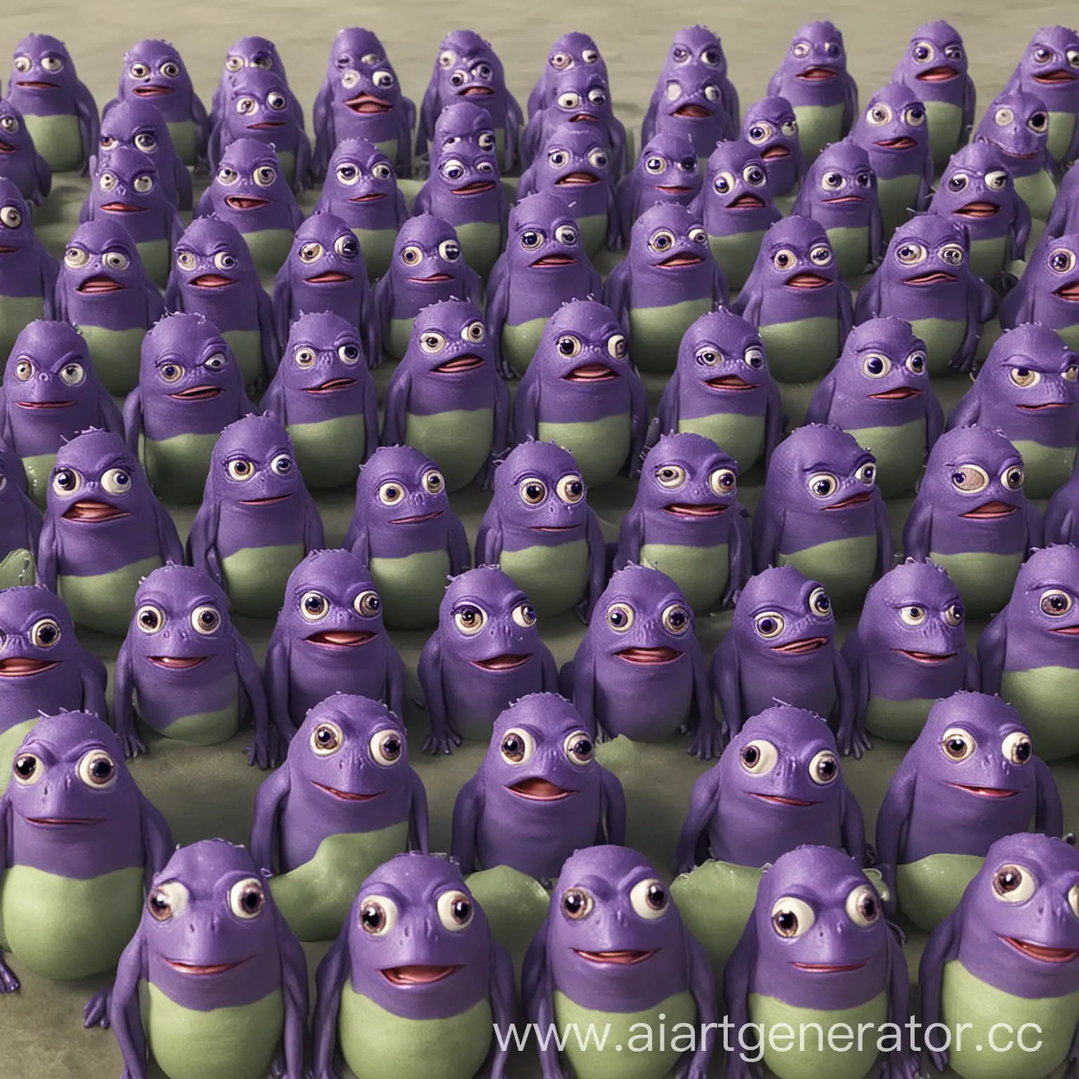 Сгенерируй толпу pepefrog с фиолетовыми головами, а в середине надпись "ZULTS" с одной надписью.