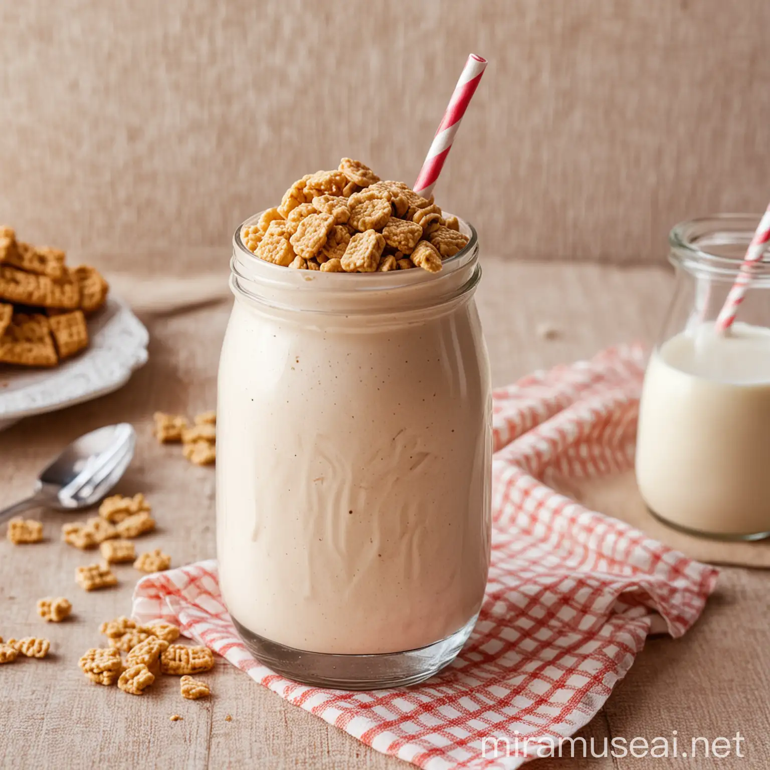 Cereal milkshake in a bottle on a table with a nice tablecloth