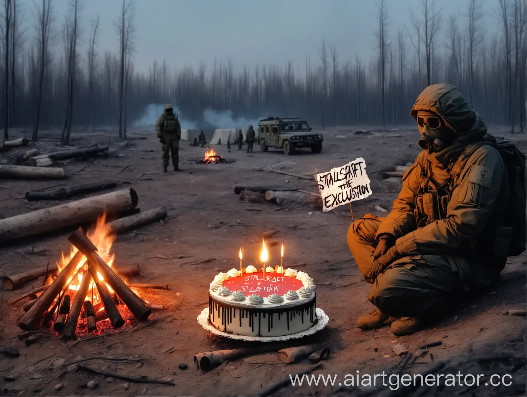 Stalker-Sitting-by-Campfire-with-STALCRAFT-10-Years-Cake