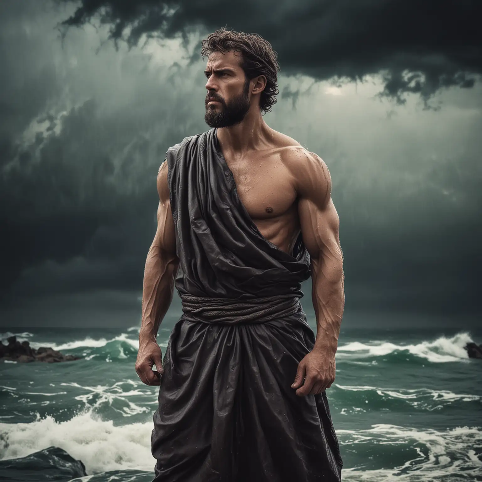 : Visualize a stoic philosopher standing tall amidst a storm, symbolizing resilience in the face of adversity.
Image Description: In this image, a stoic philosopher with a lean and muscular build stands confidently with a serene expression on his face, despite the turbulent storm raging around him. His posture exudes strength and determination as he calmly faces the challenges ahead, embodying the principles of resilience and inner strength.