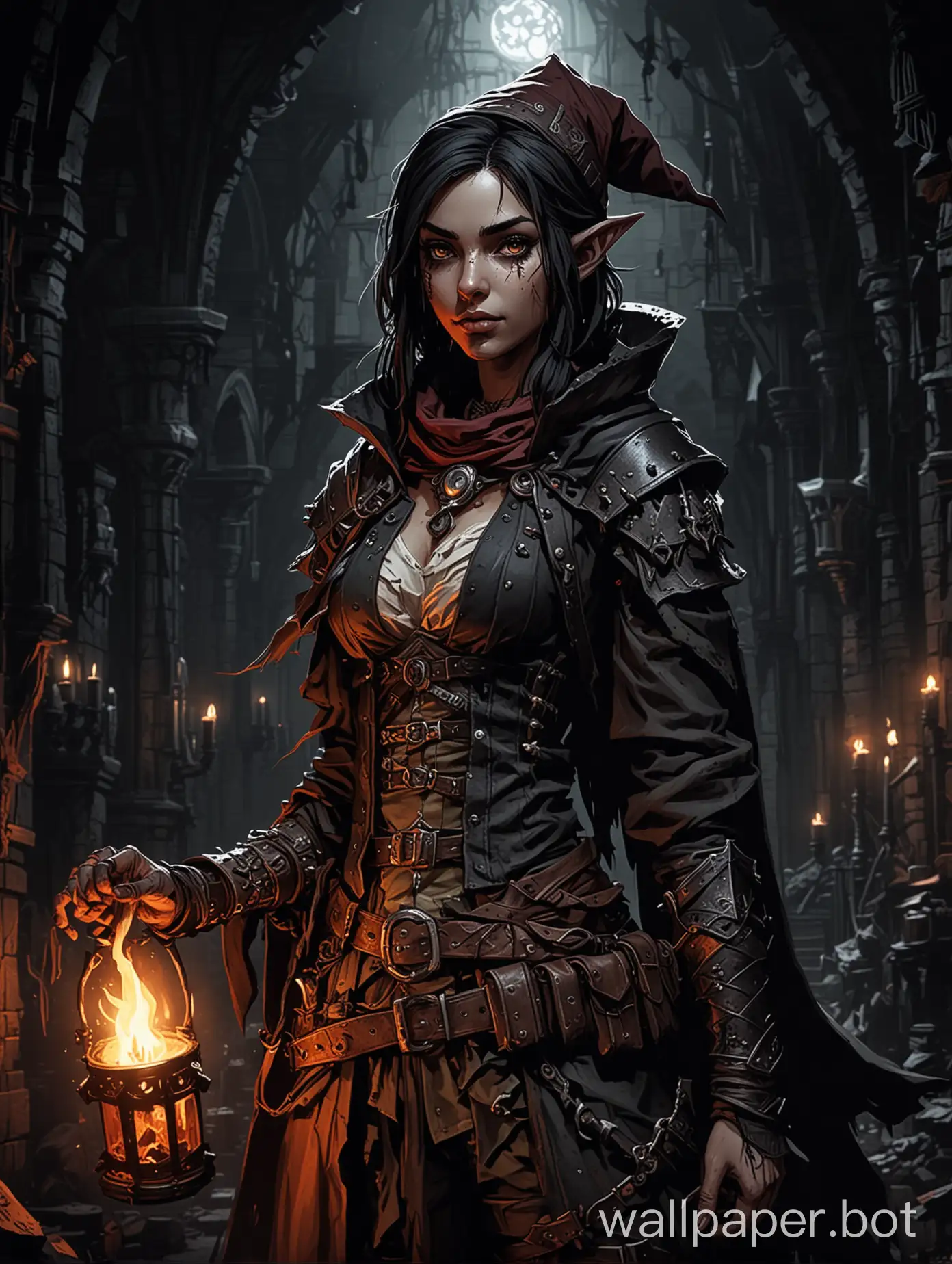 half-elf girl warlock in Hogwarts in Darkest Dungeon art style
