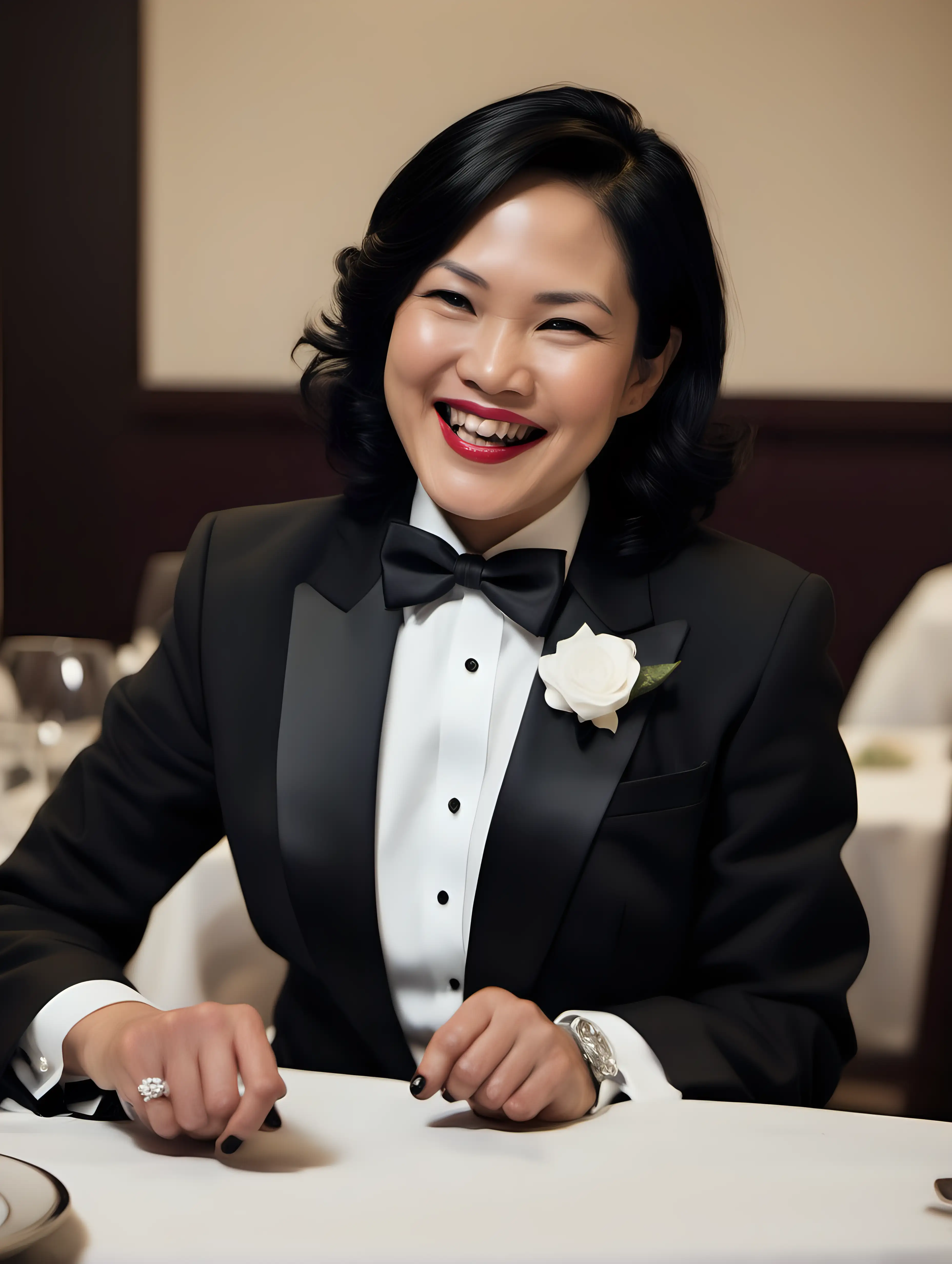 40 year old Vietnamese woman with black shoulder length hair and lipstick wearing a tuxedo with a black bow tie and big black cufflinks. Her jacket has a corsage. Her shirt had double French cuffs.  She is sitting at a dinner table.  She is smiling and giggling. Medium shot.  Best quality.
