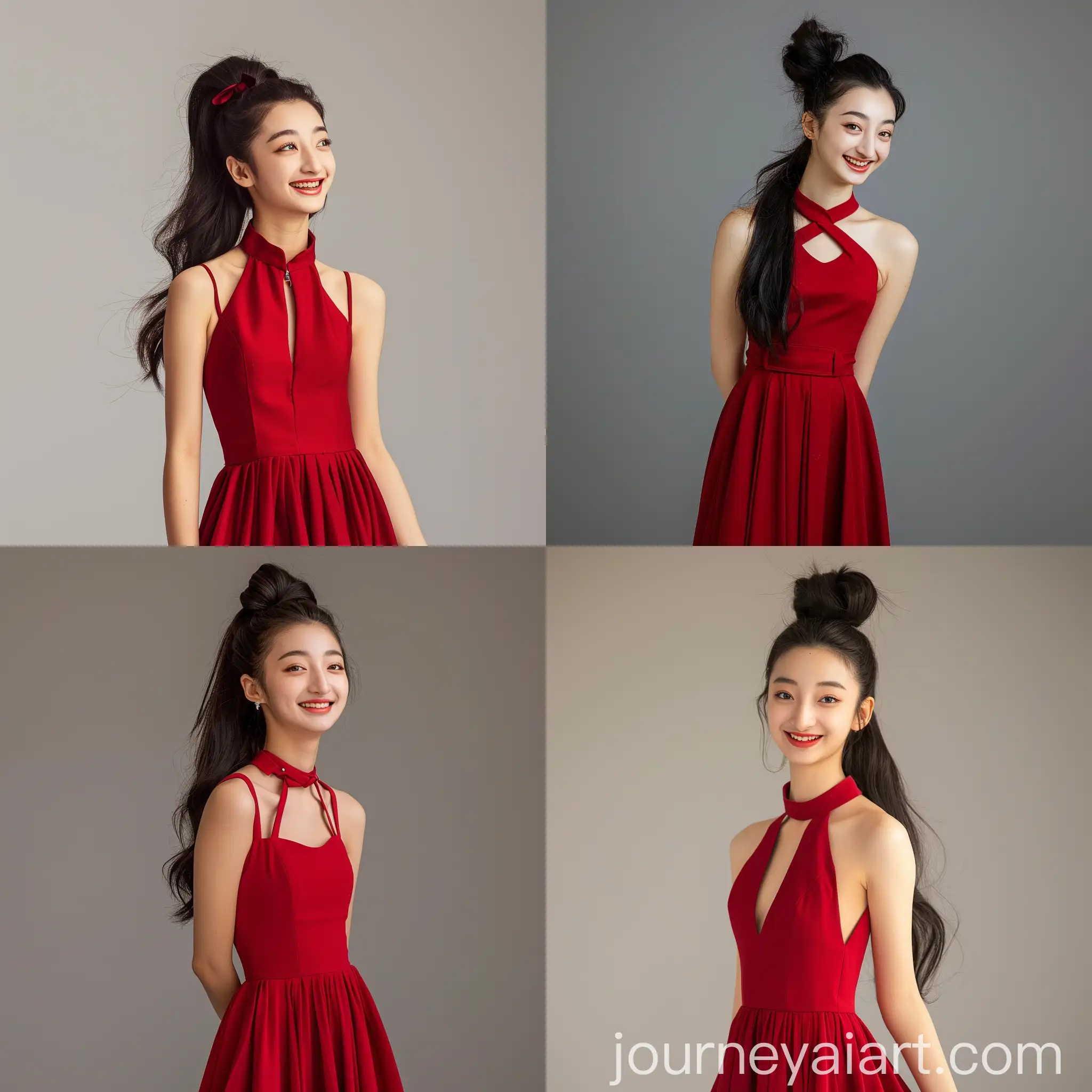 a young woman with a high ponytail wearing a red dress, standing in a studio with a neutral gray background, smiling confidently, fashion photography, high resolution --iw .9
